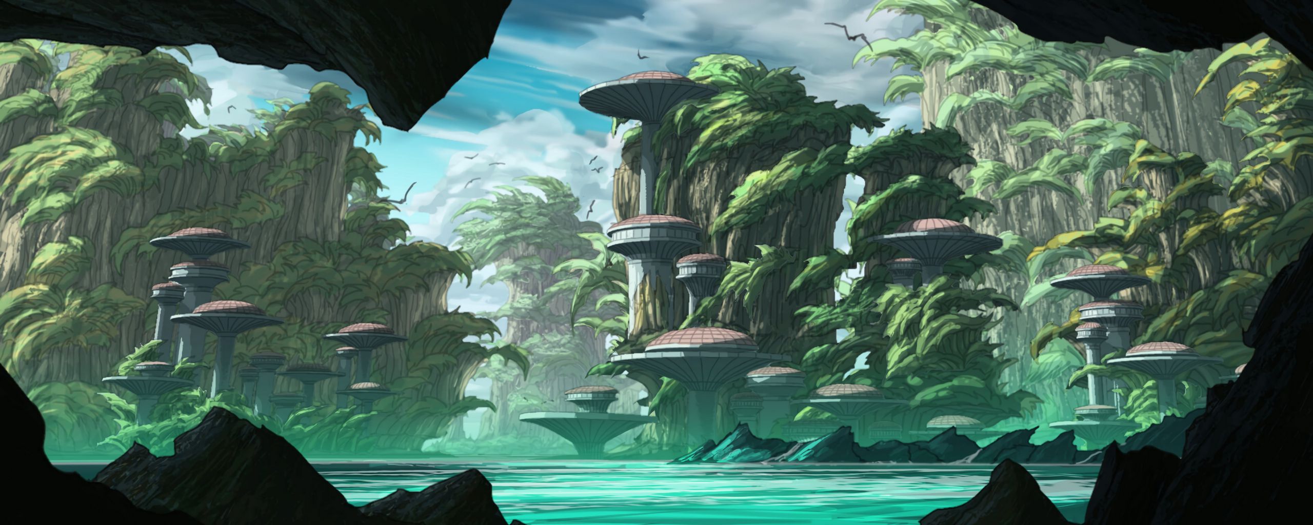 2560x1024 Download Wallpaper 2560x1024 Island, Rocks, Buildings, Fantasy, Sci Fi, Art Ultrawide Monitor HD Background