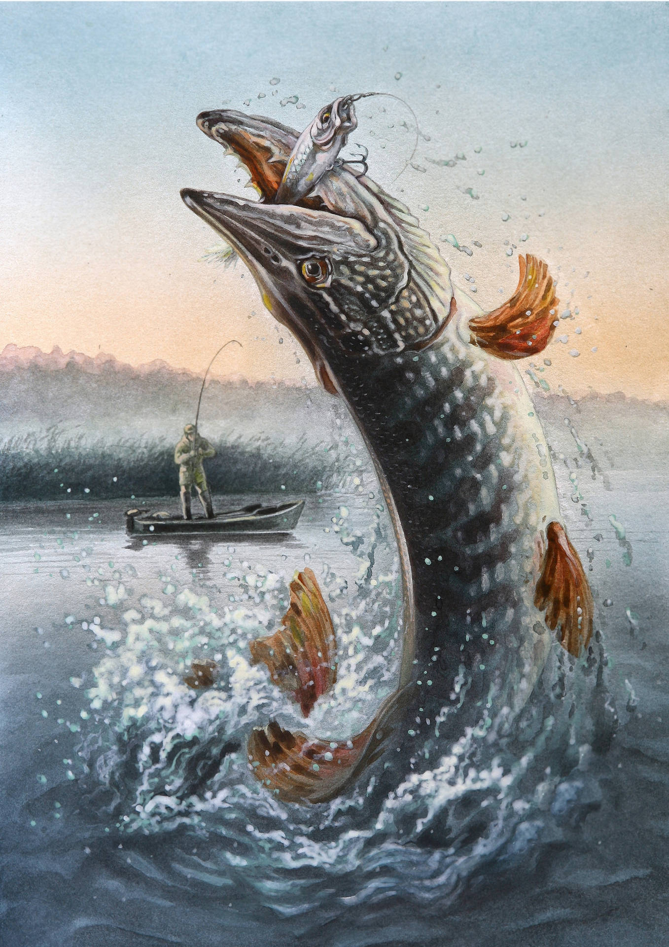 1357x1920 Download Fishing Pike Art Wallpaper