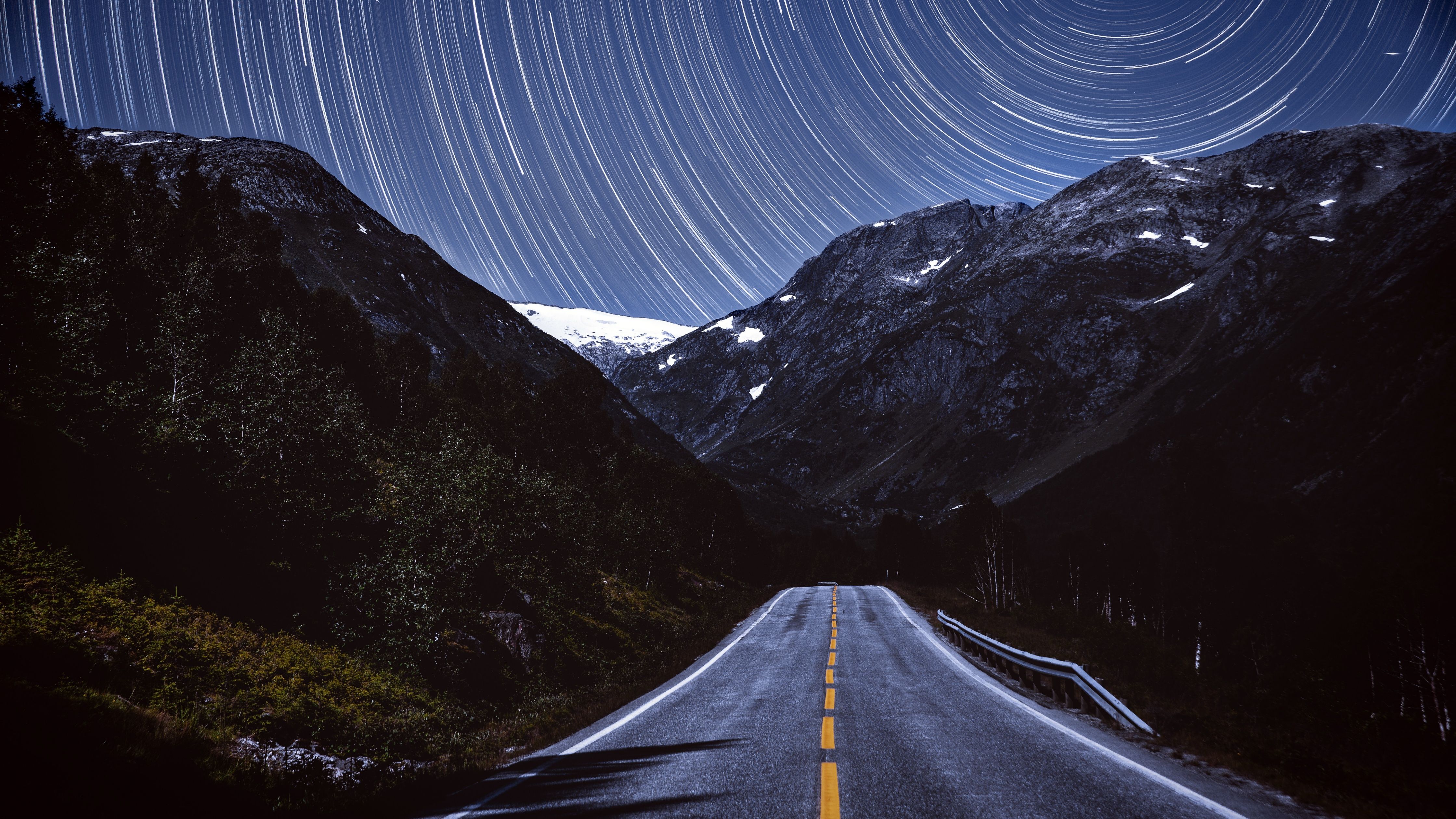 4480x2520 Mountains Wallpaper 4K, Star Trails, Road, Tarmac, Night