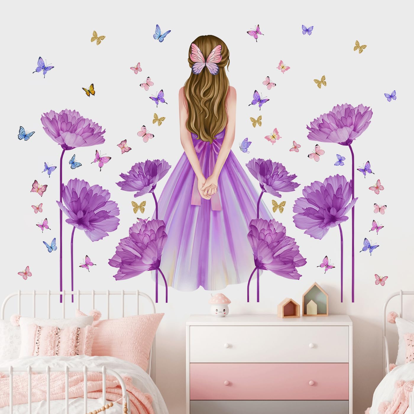 1400x1400 Butterfly Girl Wall Decals Large Purple Flowers Fairy Wall Stickers Purple Floral Colorful Butterflies Wall Decor Princess Wallpaper for Kids Girls Bedroom Living Room Nursery Home Decoration DT2367