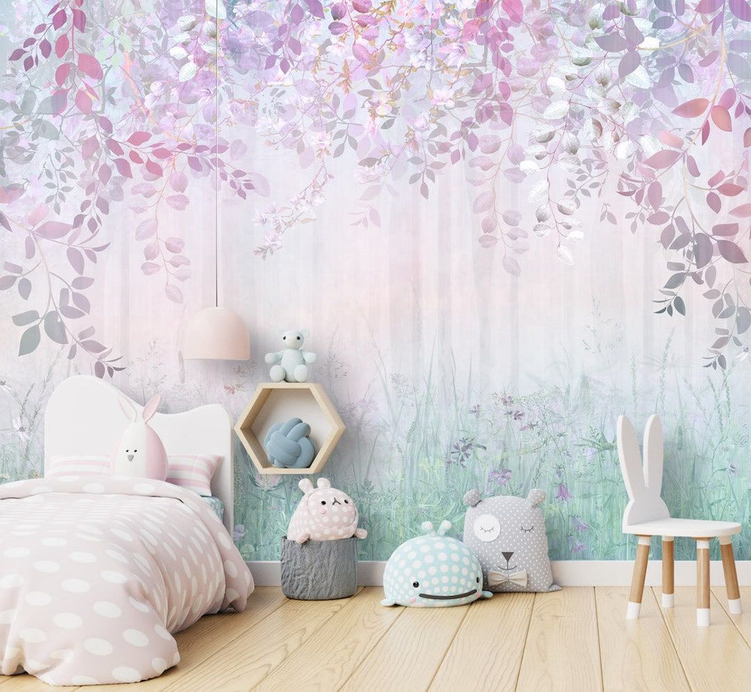 1080x996 Misty Forest Purple Flowers Nursery Wallpaper: Hanging Leaves Decor