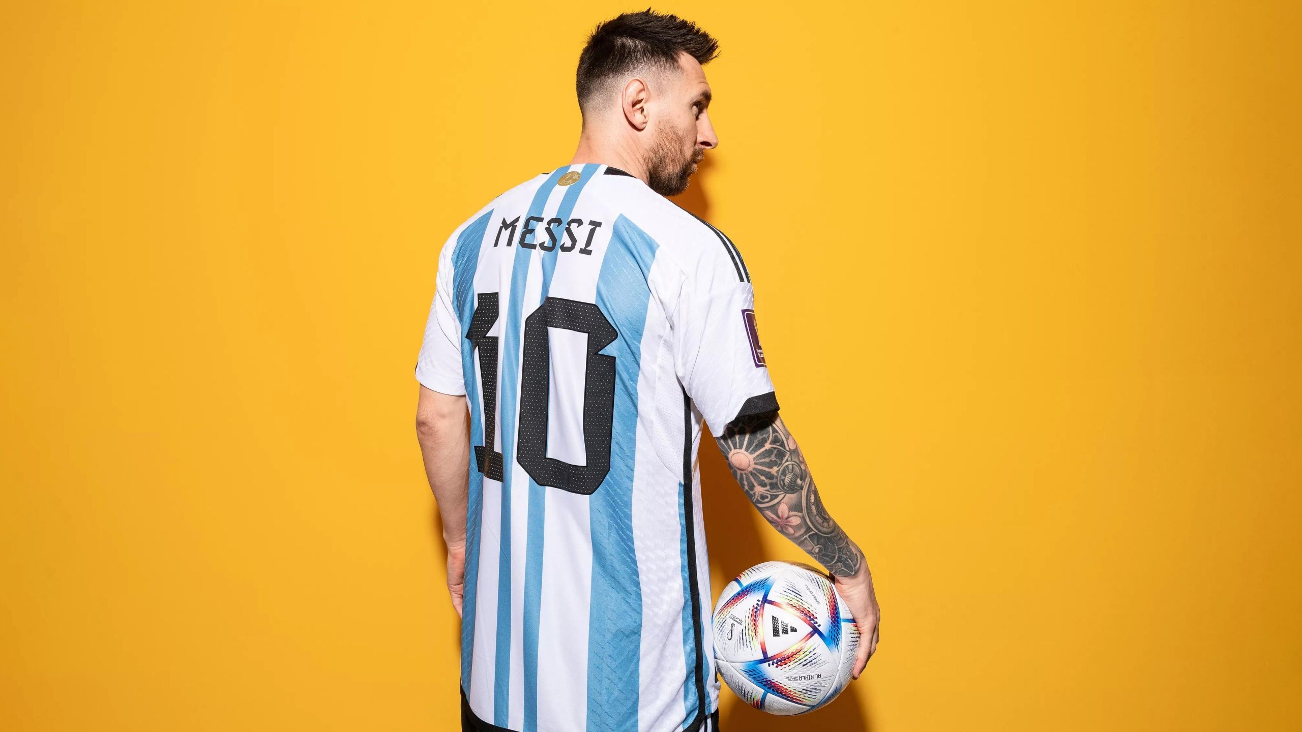 2560x1440 Lionel Messi Wallpaper 4K, Yellow background, Soccer Player
