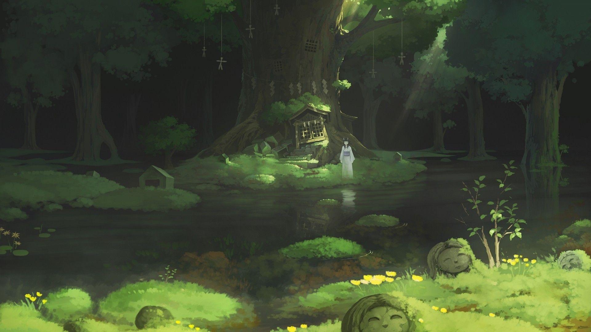 1920x1080 Download 1920x1080 Anime Girl, Forest, Water, Trees, Traditional