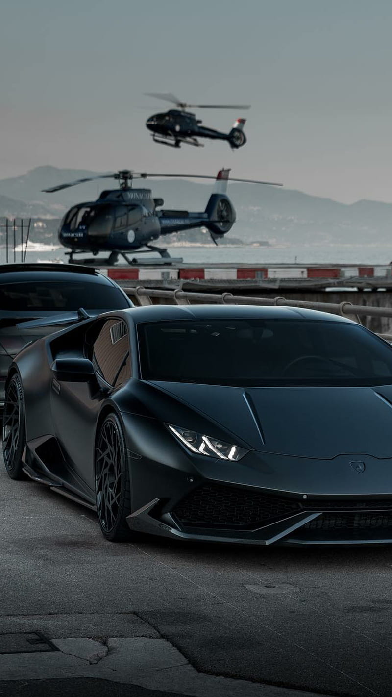800x1422 Rich People, lamborghini, huracan, helicopter, black, car, hypercar, supercar sports, HD phone wallpaper