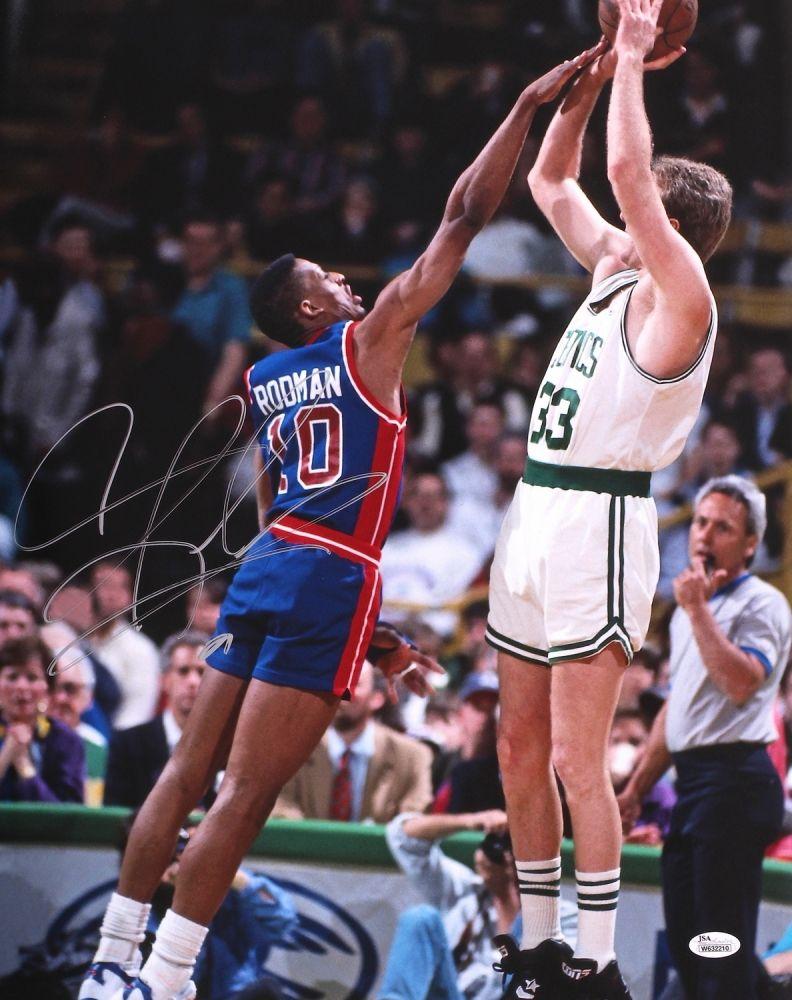 792x1000 Dennis Rodman Signed Pistons Photo Vs Larry Bird At