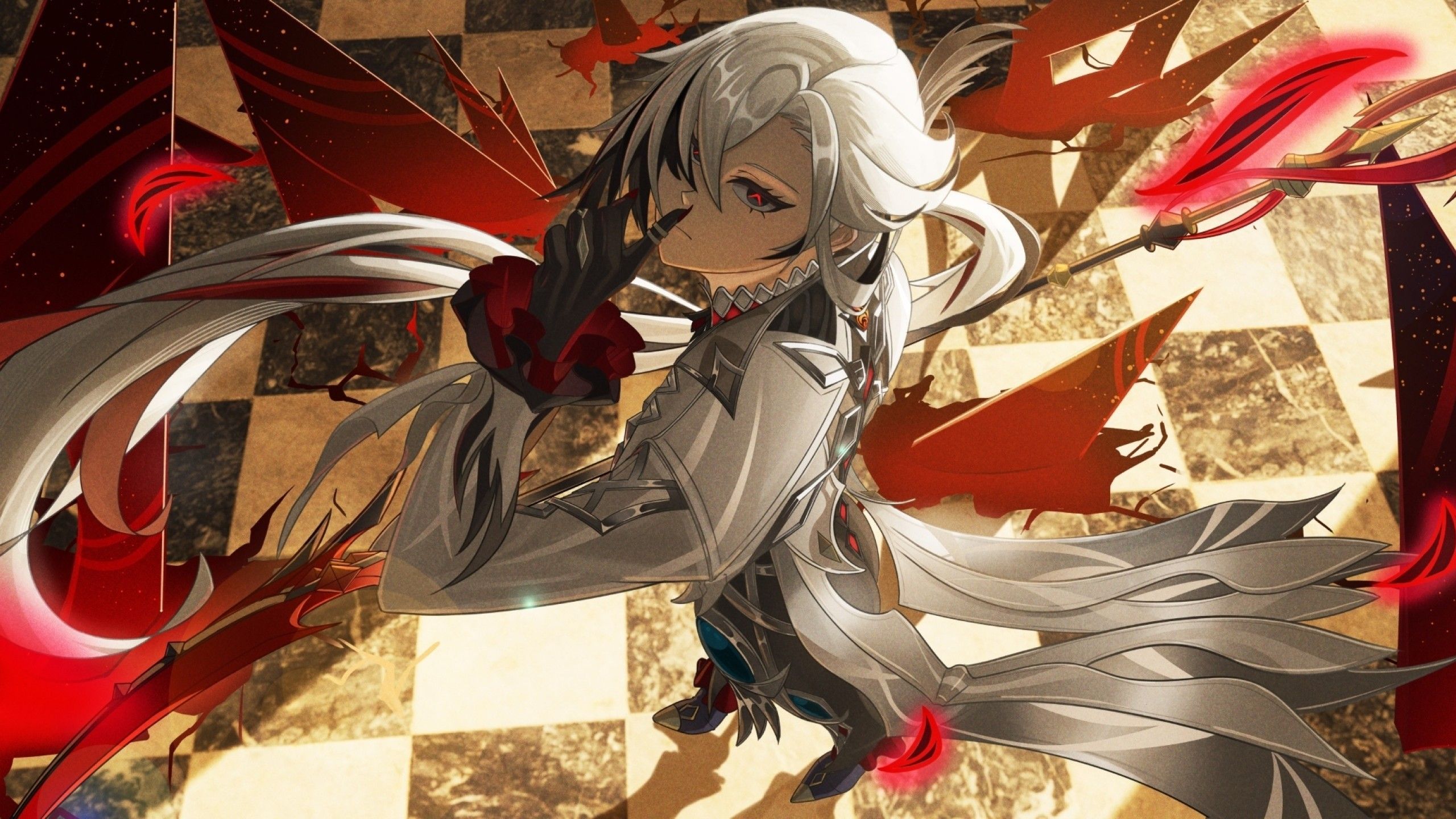 2560x1440 Red Eyes Arlecchino Digital Art HD Genshin Impact Wallpaper