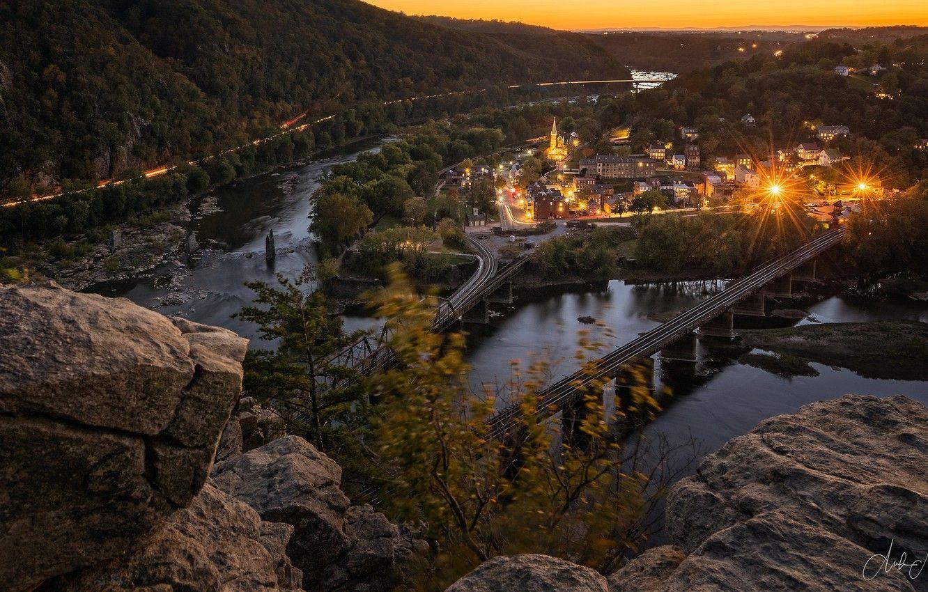 1332x850 Wallpaper the city, Sunset, Harpers Ferry image for desktop