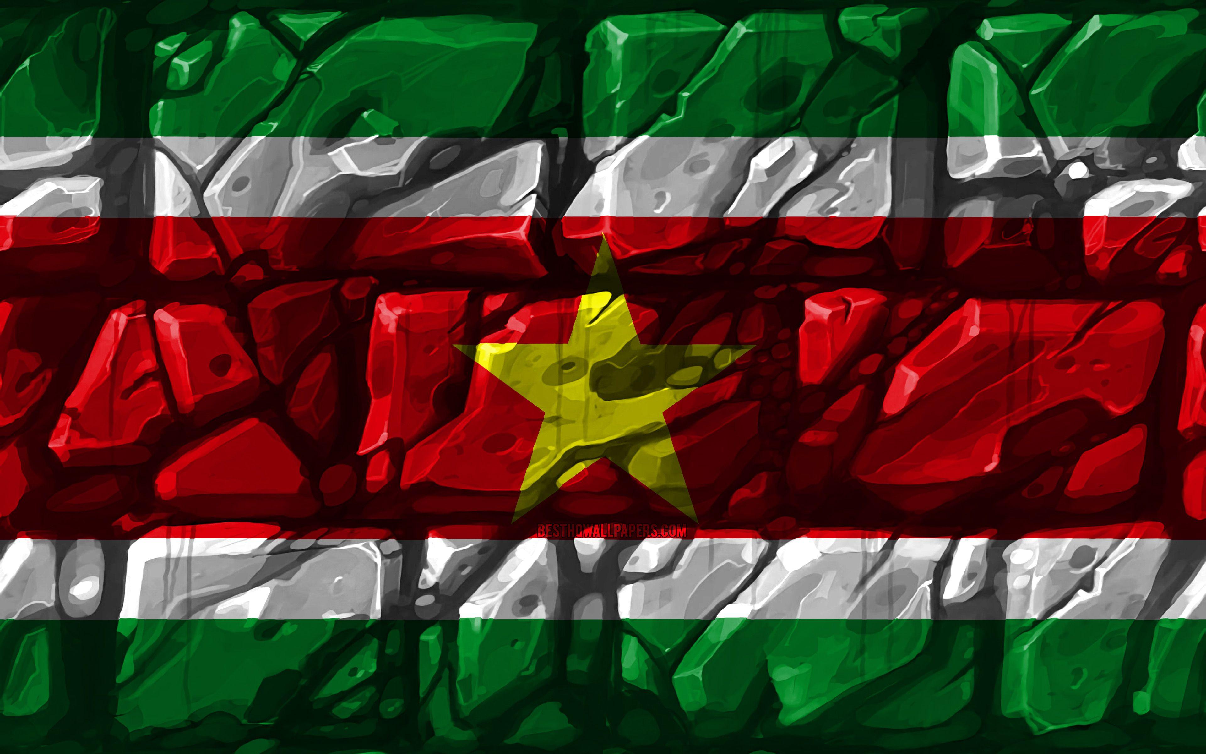 3840x2400 Download wallpaper Surinamese flag, brickwall, 4k, South American