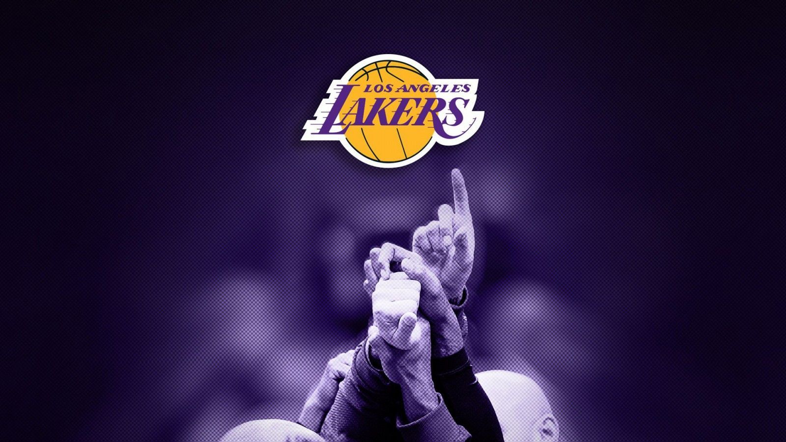 1600x900 Lakers Logo With Players Hands In Dark Purple Background Basketball HD Sports Wallpaper