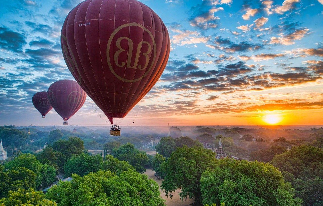 1332x850 Wallpaper the sky, sunset, balloons, panorama, Myanmar, Burma