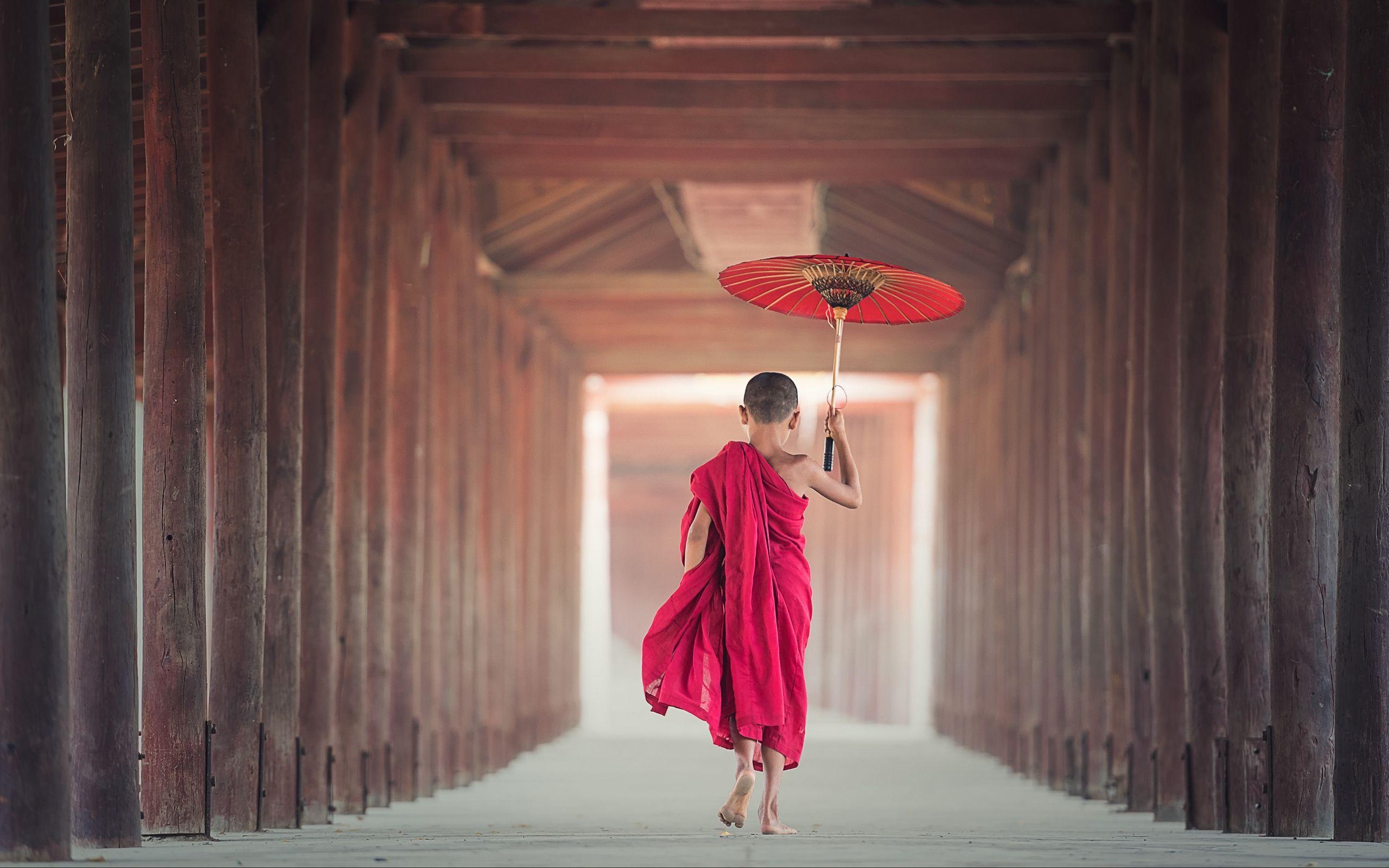 2560x1600 Download wallpaper 2560x1600 boy, monk, child, umbrella, buddhism