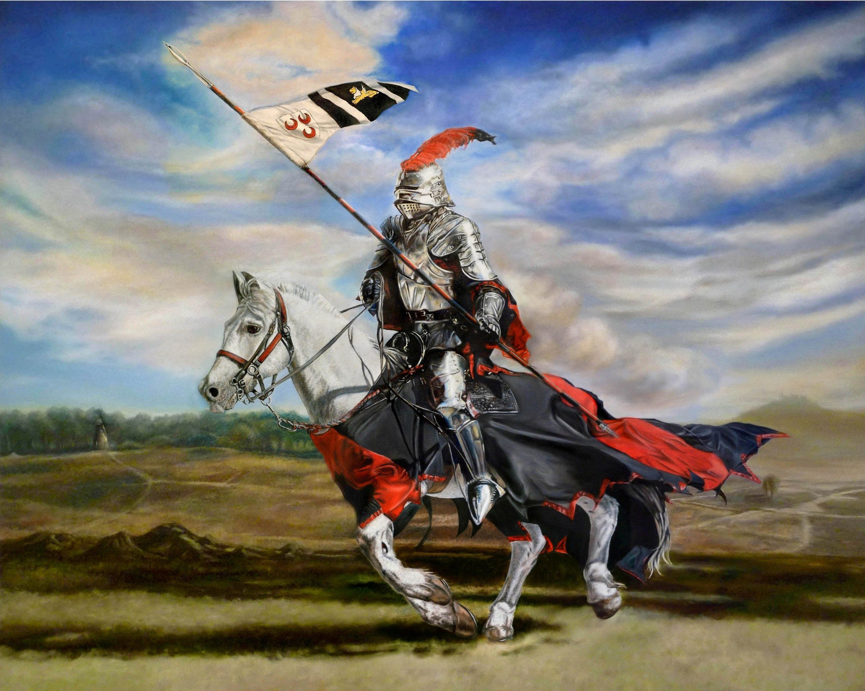 2882x2302 Wallpaper figure, armor, art, spear, knight, jump, armor, horse for mobile and desktop, section оружие, resolution 2882x2302