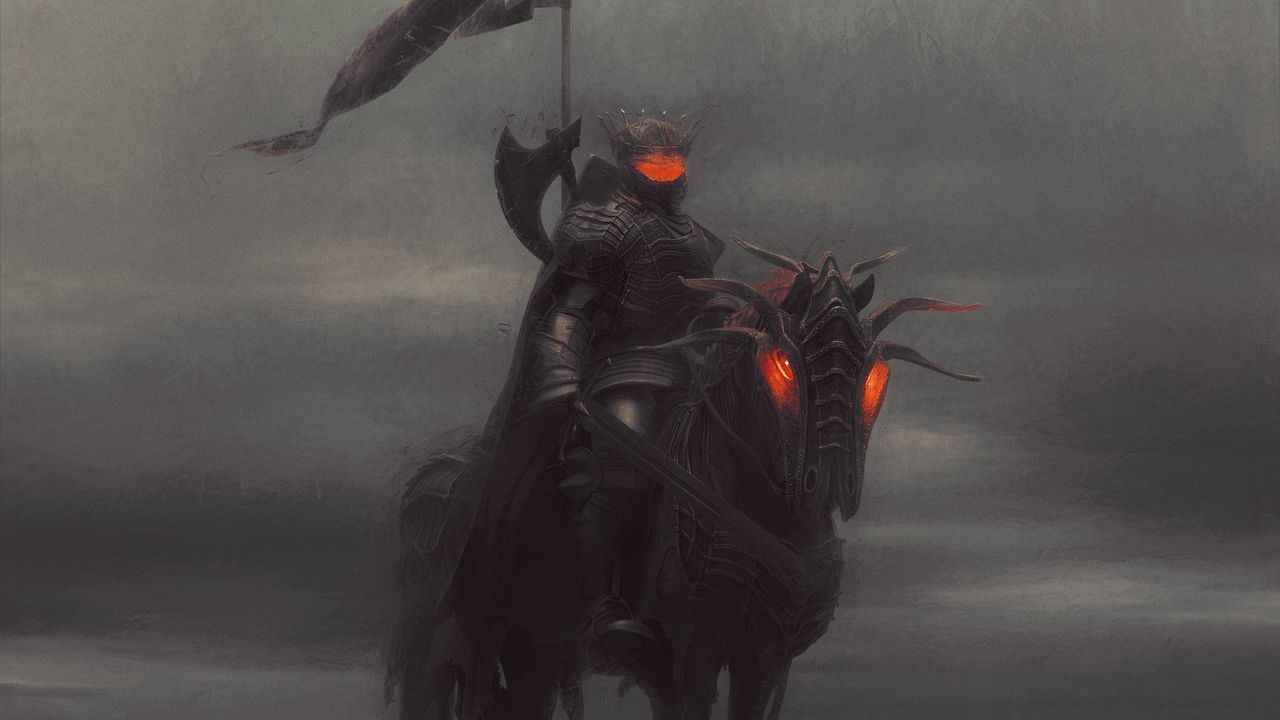 1280x720 Wallpaper knight, horse, armor, fog, art hd, picture, image