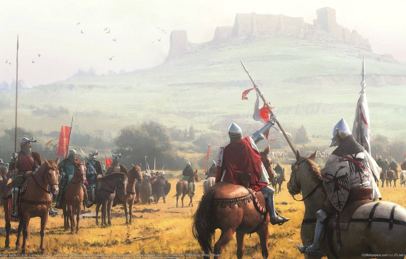 1332x850 Download Medieval Knights On Horseback In A Field Wallpaper