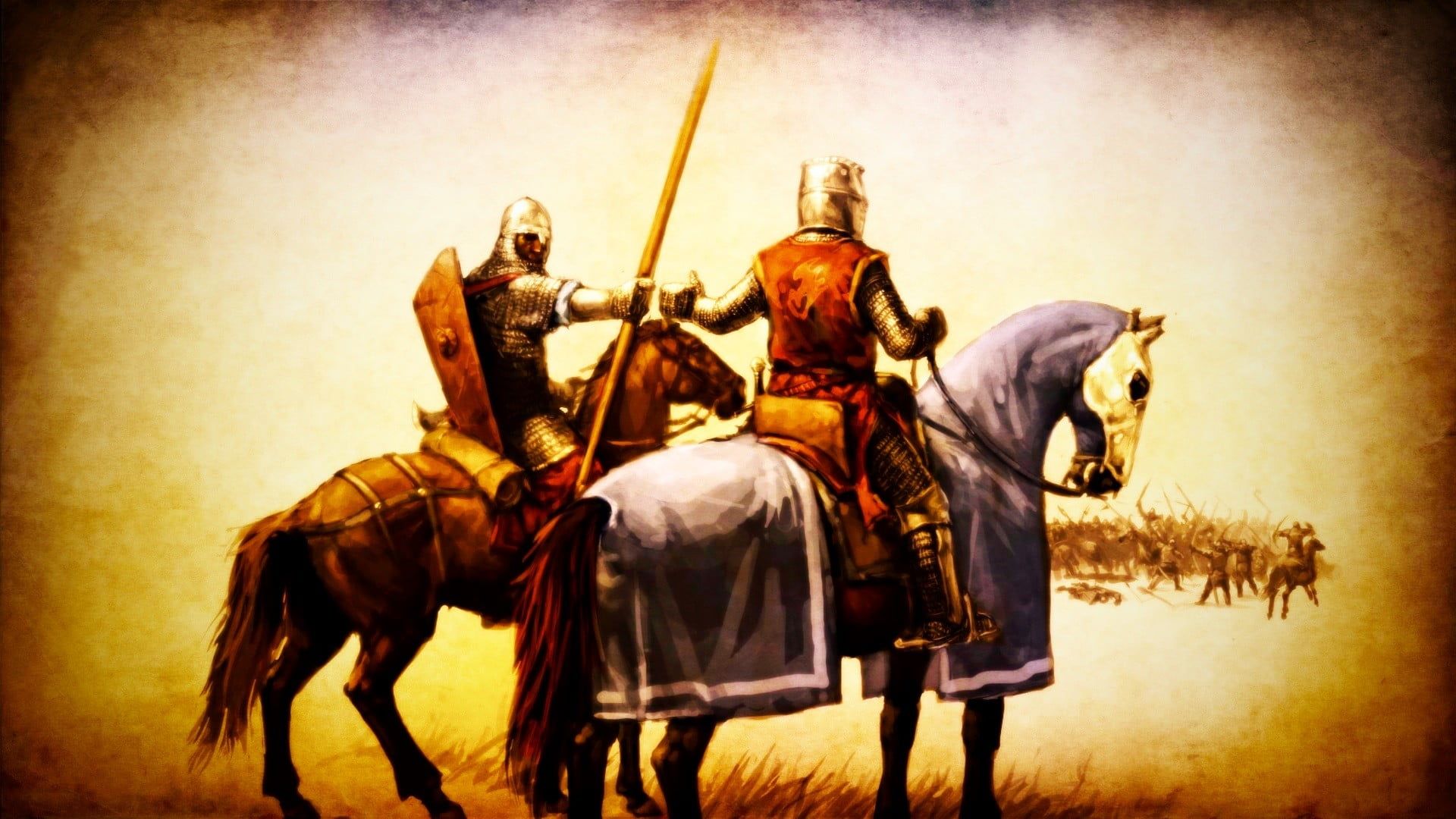 1920x1080 Digital painting of two knights, medieval, knight, horse, battle HD wallpaper