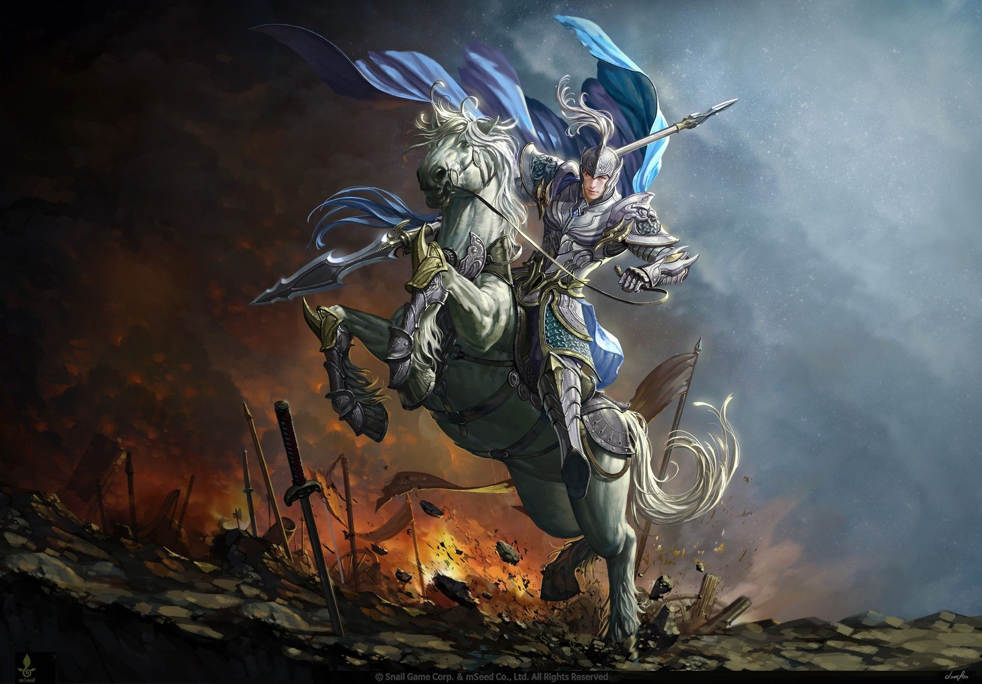1920x1337 horse riding, warrior, armor, flag, weapon, men, drawing, fire, helmet, horse, spear, sword, knight, cape, lance, war, HD Wallpaper