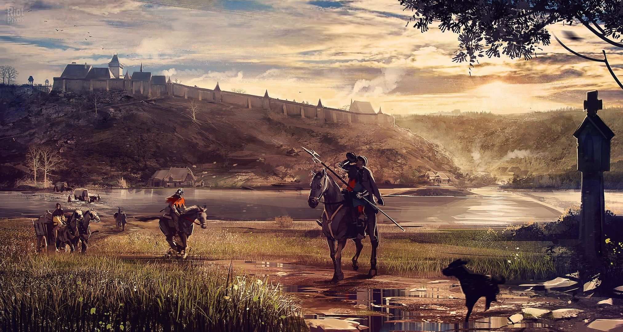 2025x1080 Kingdom Come: Deliverance, horseman, horse, artwork, knight, horse riding, warrior, castle, medieval, city, HD Wallpaper