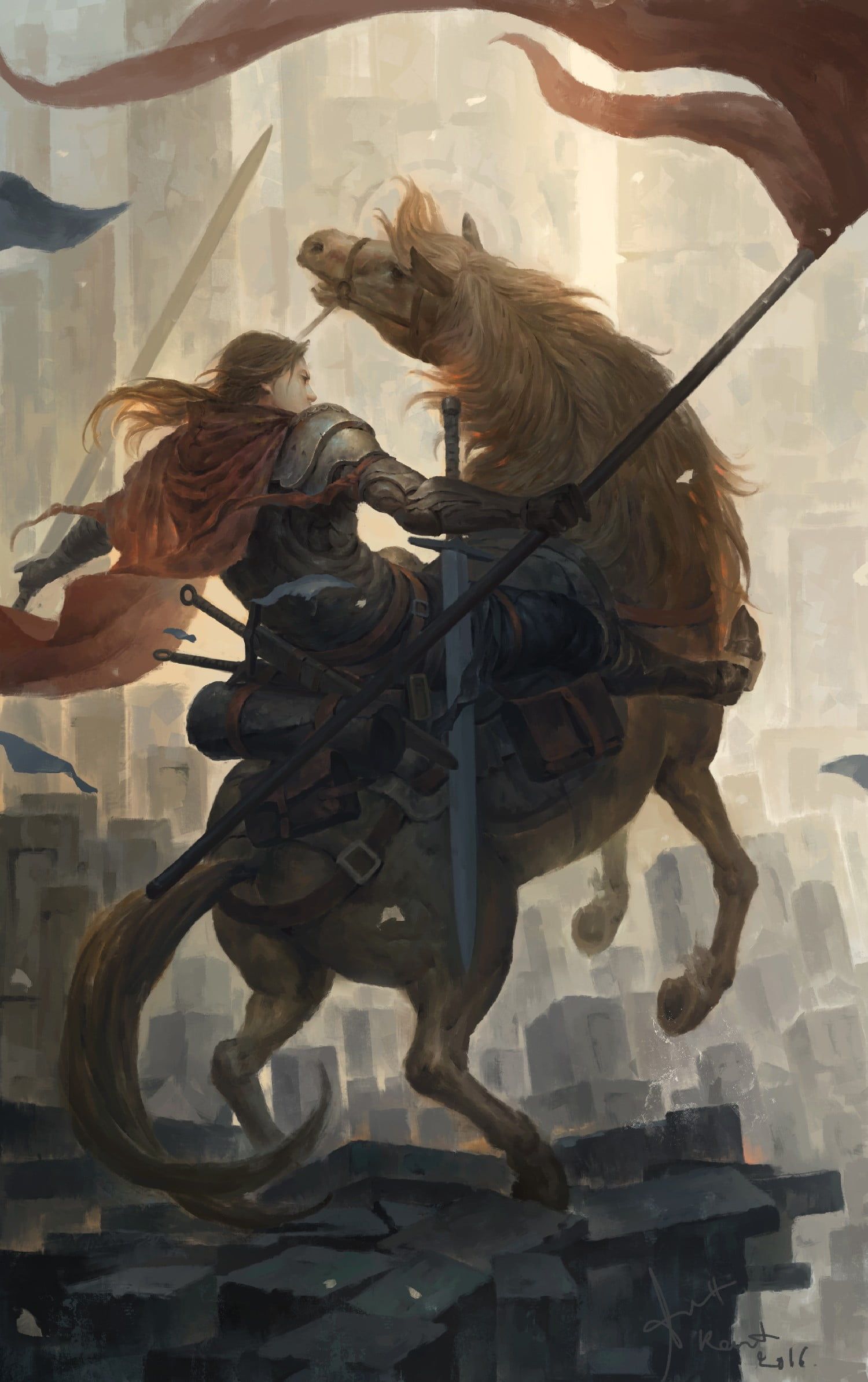 1500x2388 Illustration of knight, fantasy art, horse, warrior, sword HD wallpaper