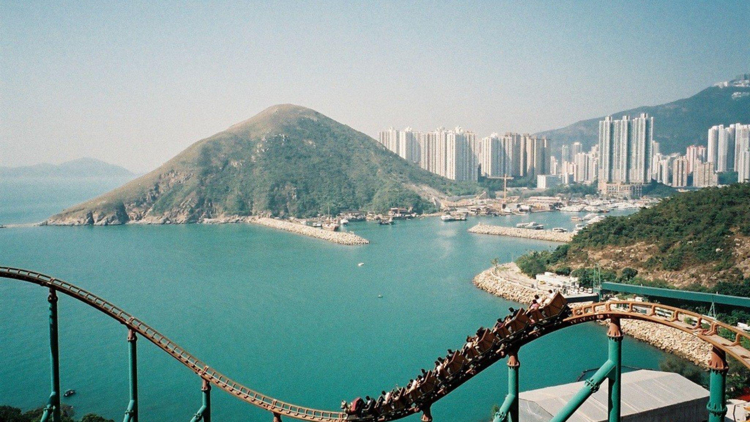 2400x1350 Roller coasters resort cities sea shorelines beach wallpaper