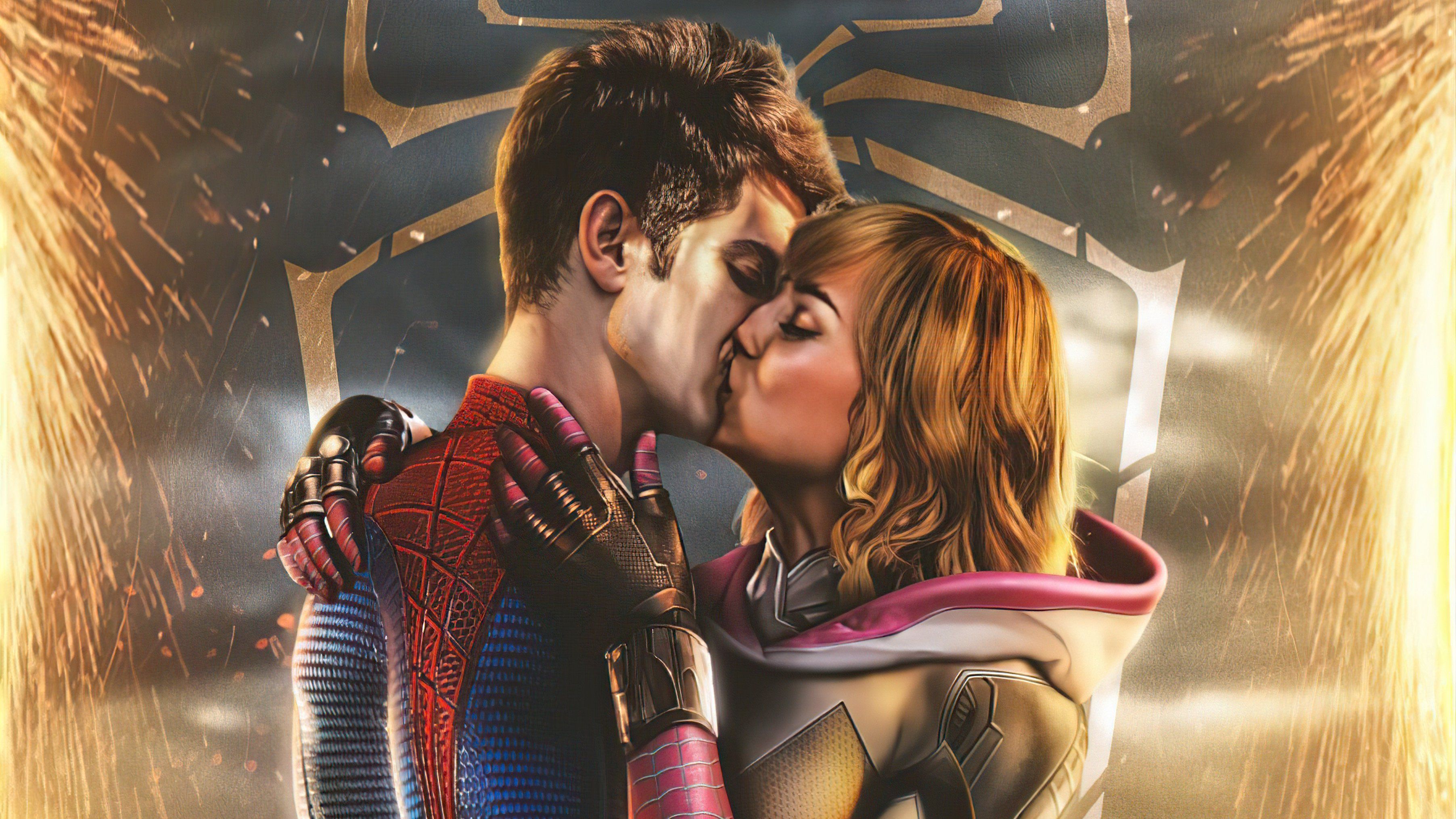 3608x2029 Spiderman and Gwen Stacy kissing Wallpaper 2K for Desktop