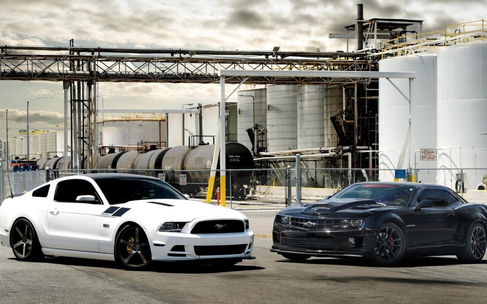 1680x1050 Two white and black cars, Ford Mustang, car, Chevrolet Camaro HD wallpaper