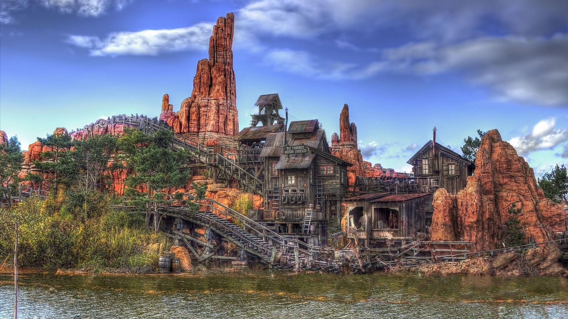 1920x1080 Amusement Parks: Amazing Wooden Roller Coaster Tracks Rocks Cool
