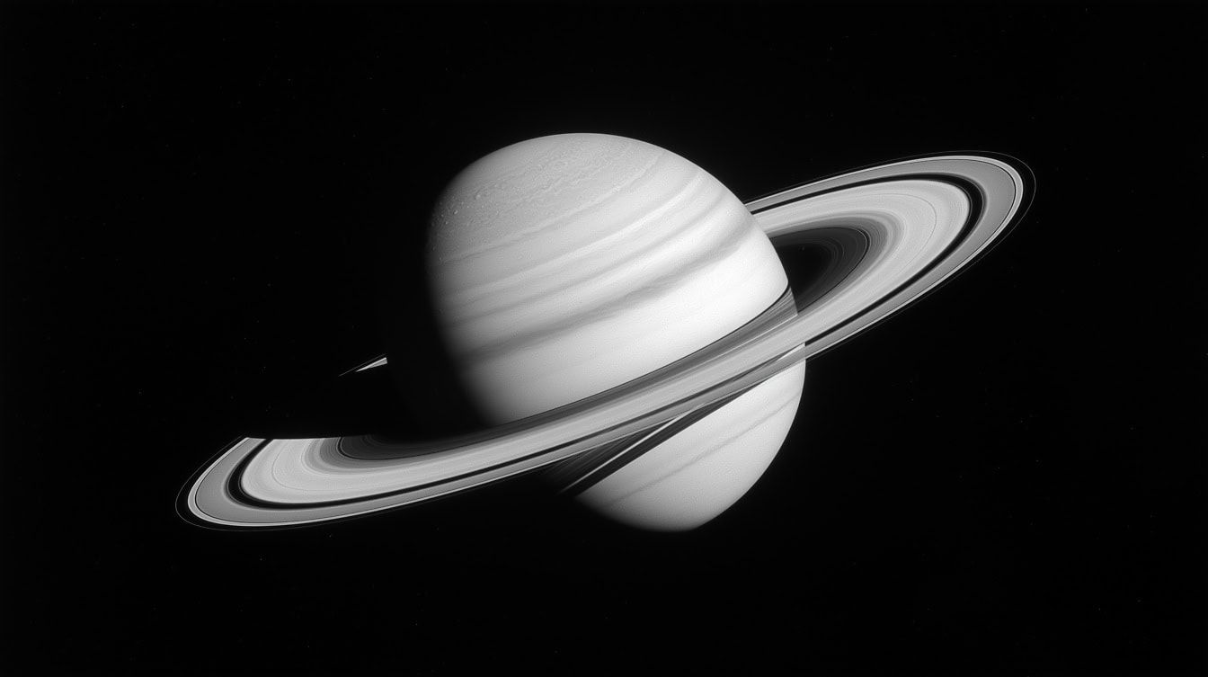 1344x753 Free picture: Black and white photo of Saturn planet with rings around it