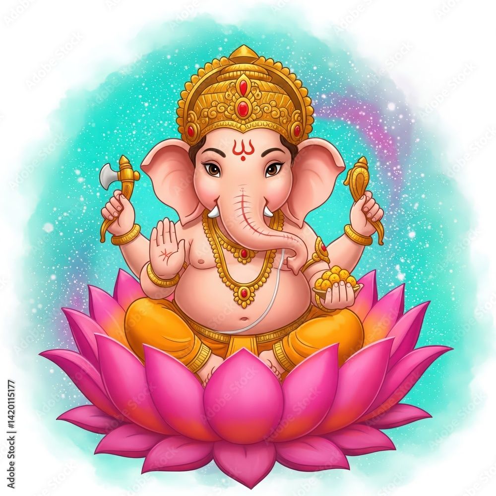1000x1000 lord ganesh cartoon wallpaper. cute ganesha 4k HD. glowing lotus background art. colorful ganesh ji digital image Stock Illustration