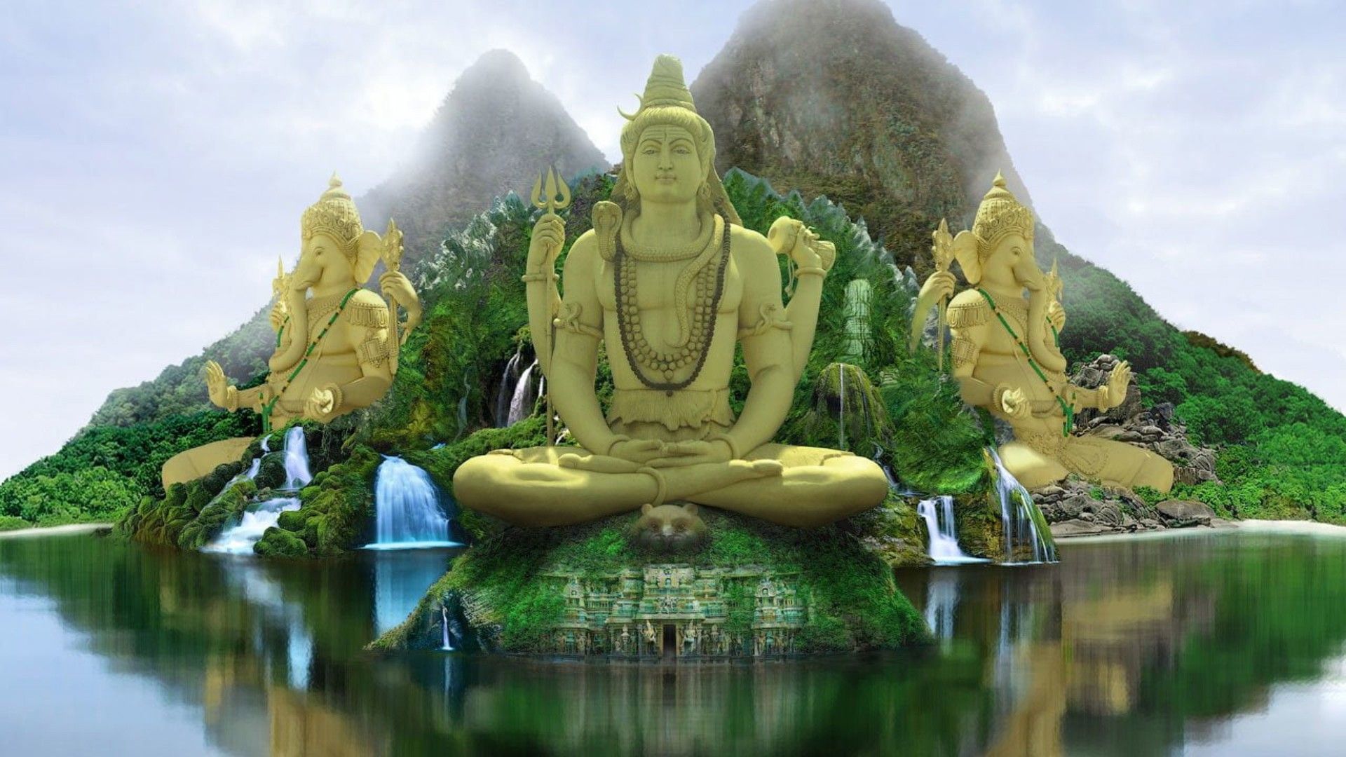 1920x1080 Lord Shiva Ganesha Statue In Mountain Background With Reflection On Water HD Ganesha Wallpaper