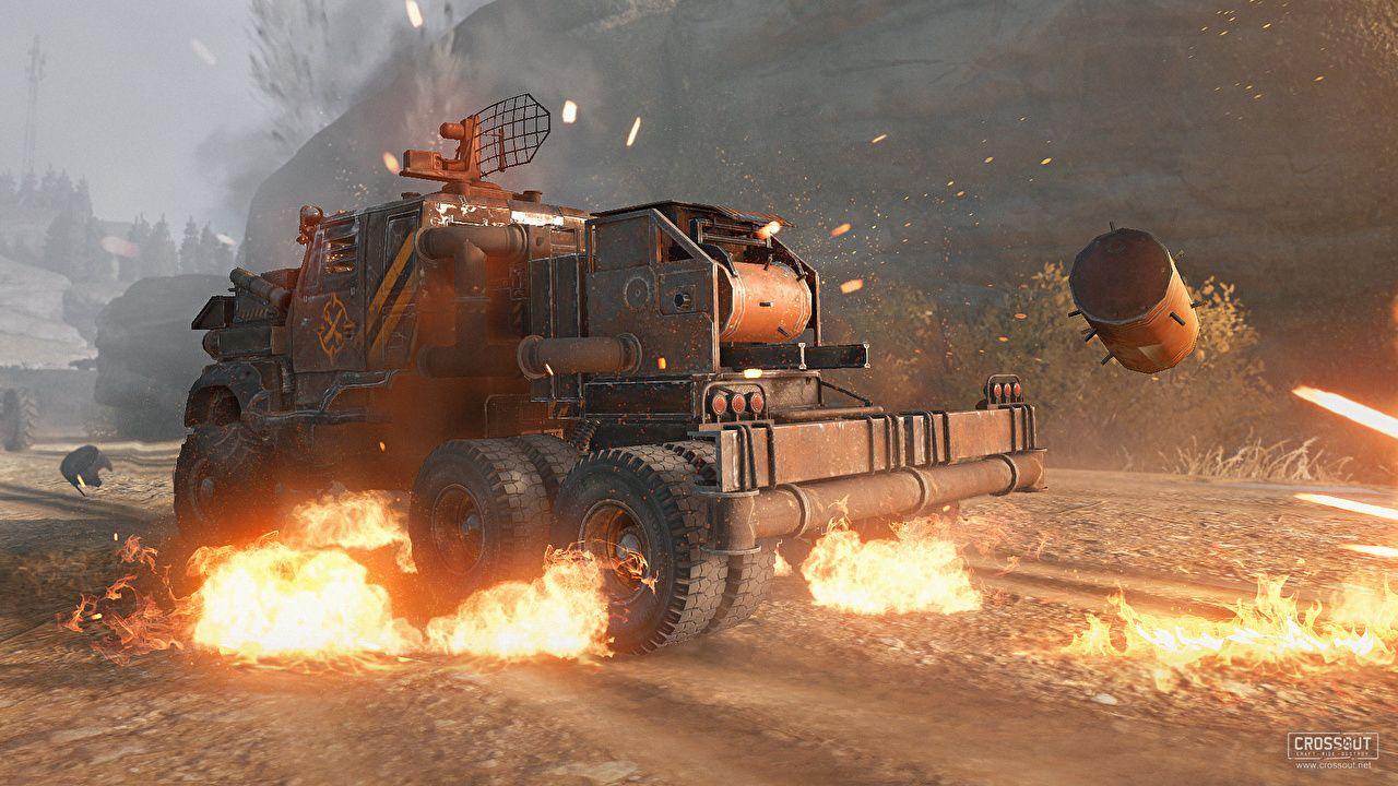 1280x720 Desktop Wallpaper Crossout Trucks 3D Graphics Fire Games