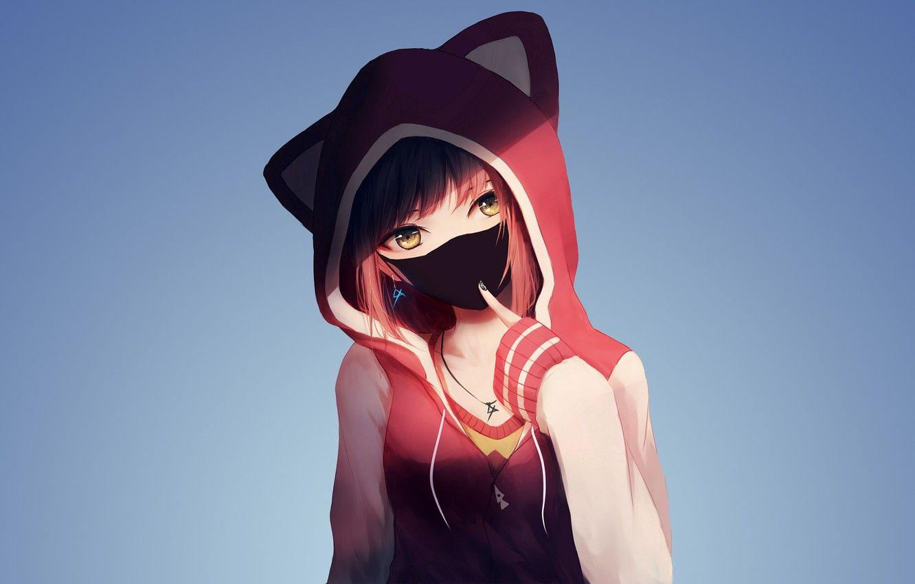 1332x850 Wallpaper Pink, Girl, Art, Anime, Shadow, Urban style, Cute, Pretty, Hood, Sweater, Necklace, Earrings, Surgical mask, Chinstrap, Cat ears image for desktop, section арт