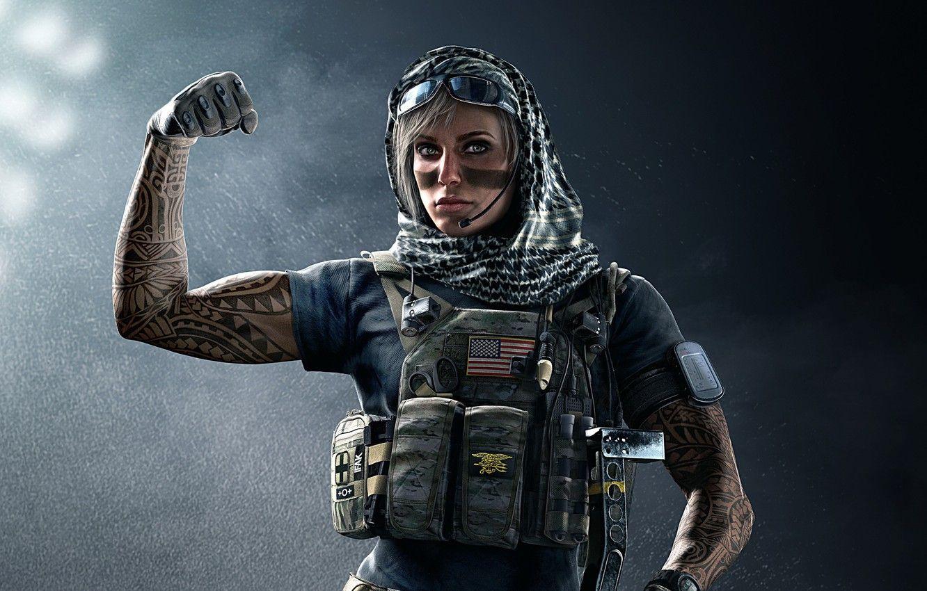 1332x850 Wallpaper girl, gun, soldier, weapon, woman, blue, Rainbow Six