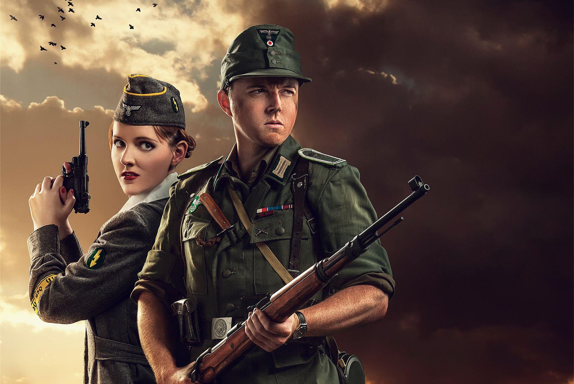 1920x1285 Desktop Wallpaper Rifles Soldiers 2 female Painting Art 1920x1285