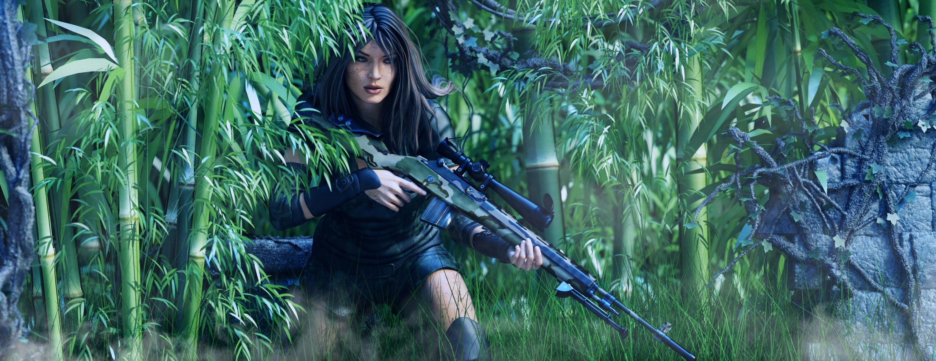 3060x1181 Desktop Wallpaper Sniper rifle Snipers Soldiers Girls 3060x1181