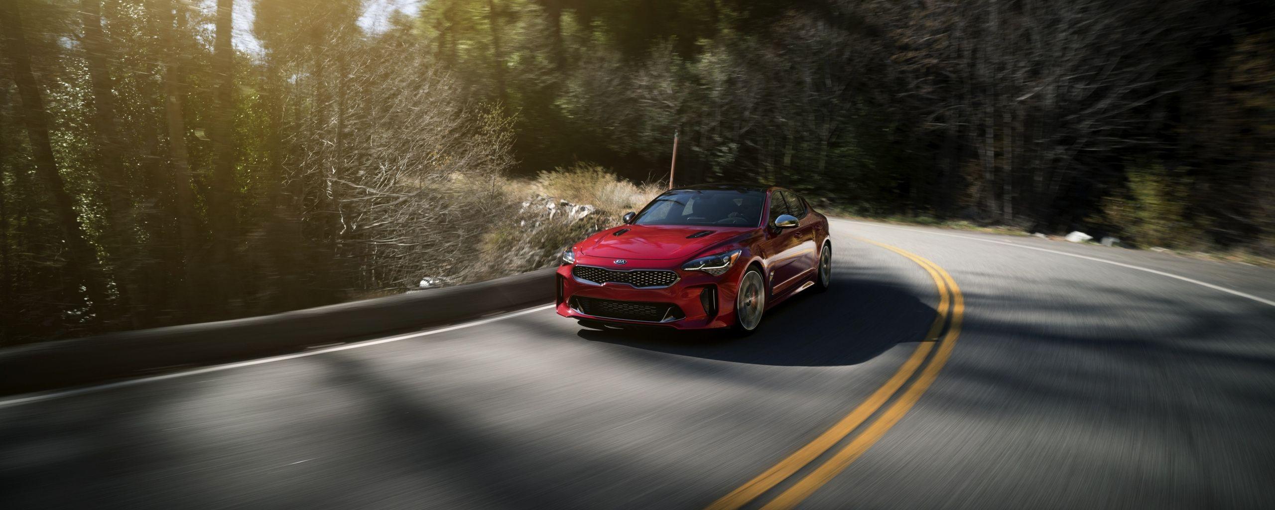 2560x1024 Download On Road, Luxury Car, Red, Kia Stinger Wallpaper