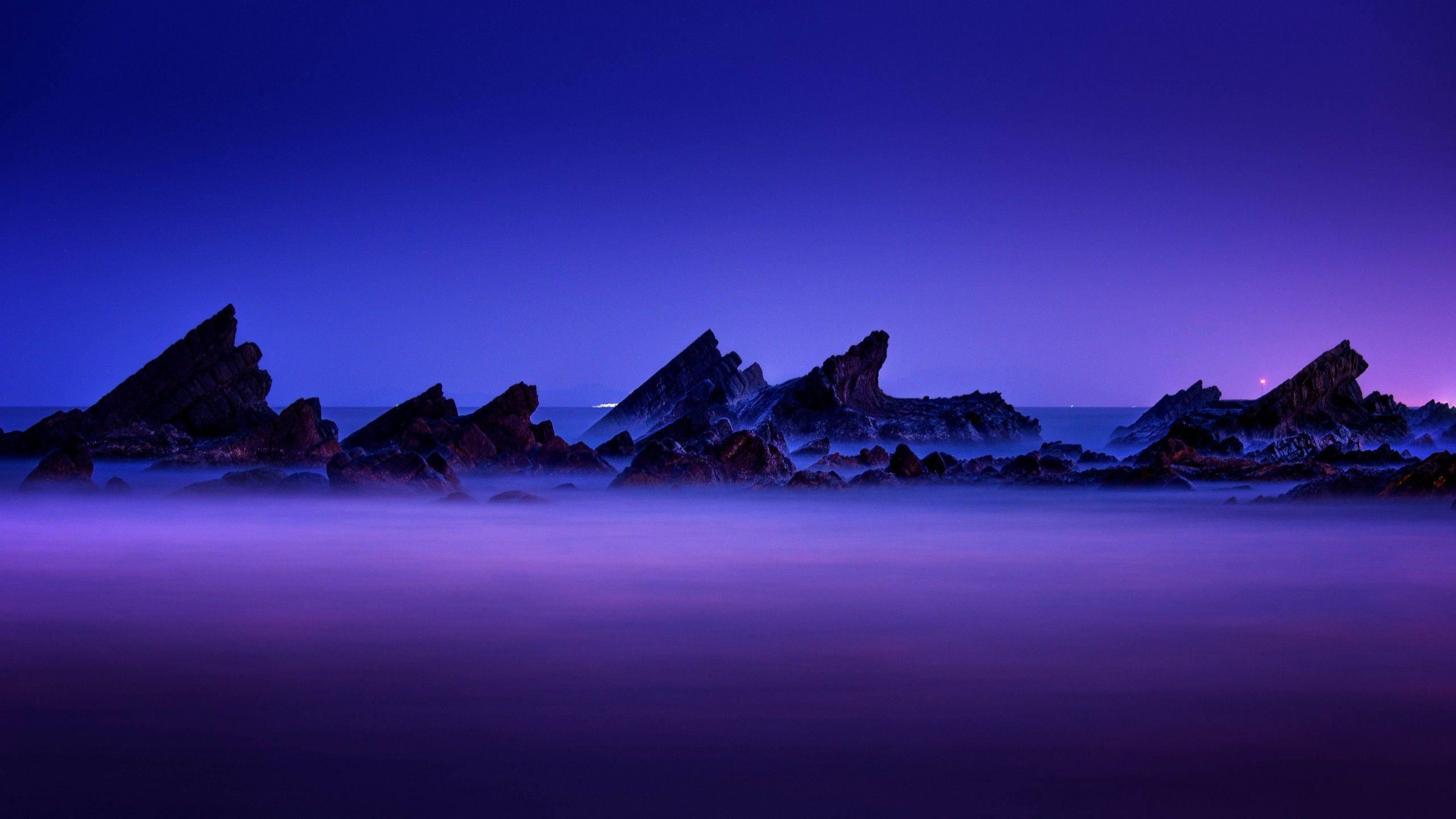 2560x1440 Wallpaper Purple sky, Sunset, Rocks, Beach, Seascape, HD, 4K, 8K