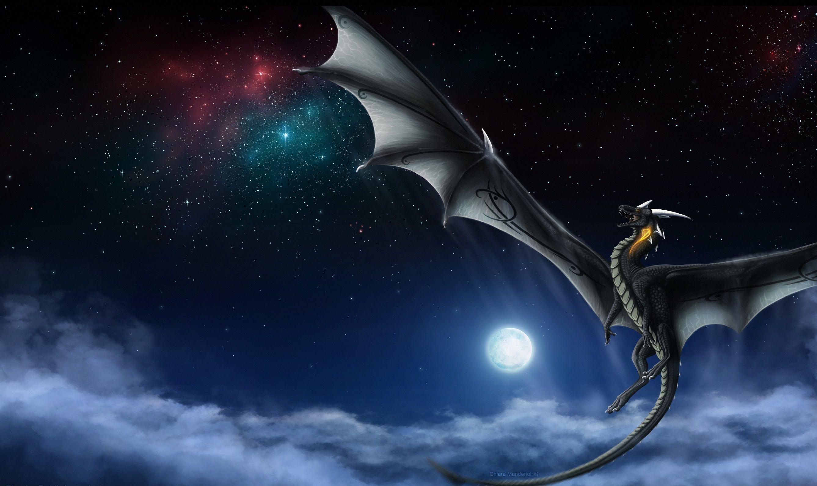 2675x1590 Dragon Chinafantasy Milky Way Night Moon Stars Flight Smoke
