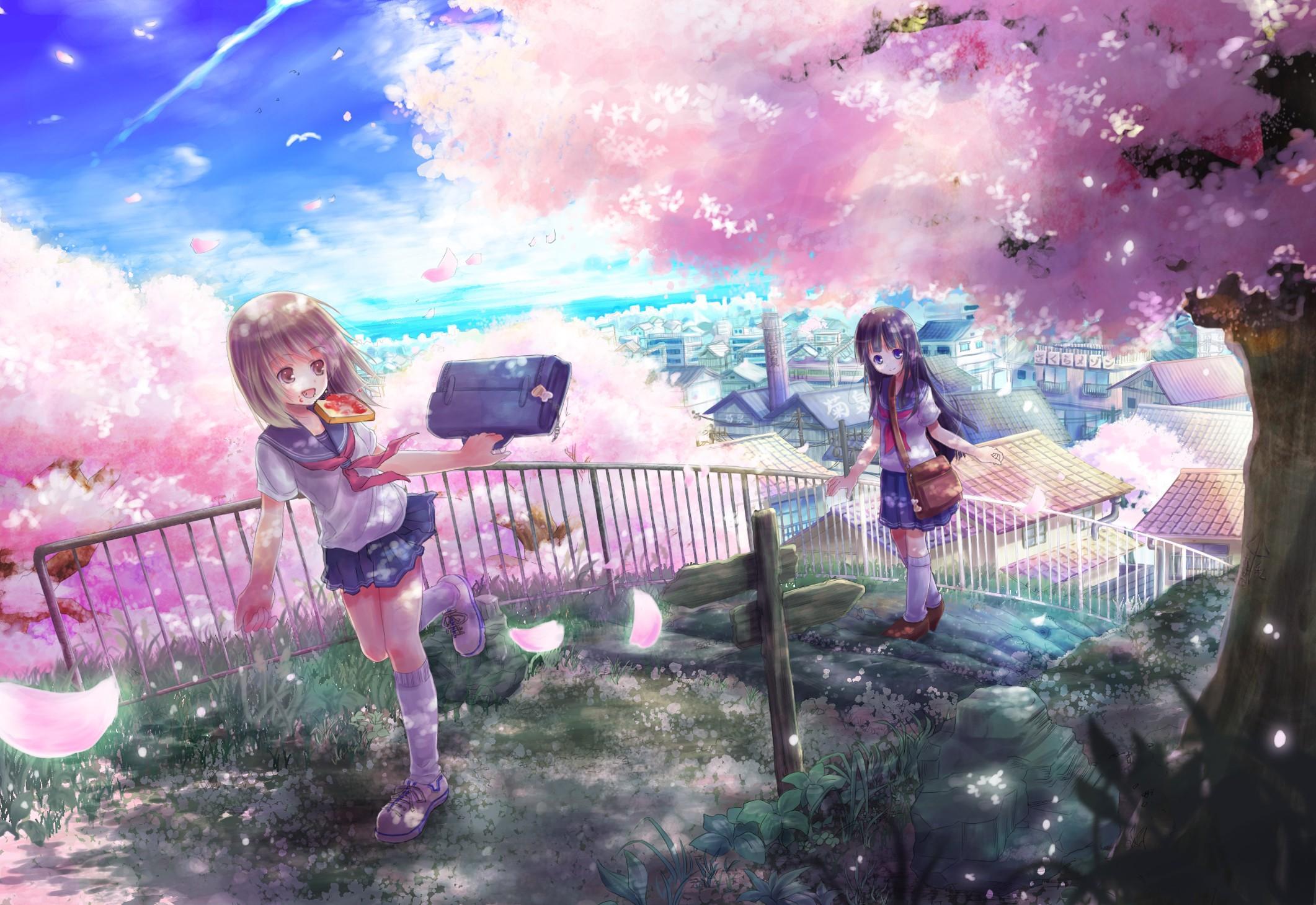 2122x1460 Anime Cherry Blossom Couple HD Wallpaper