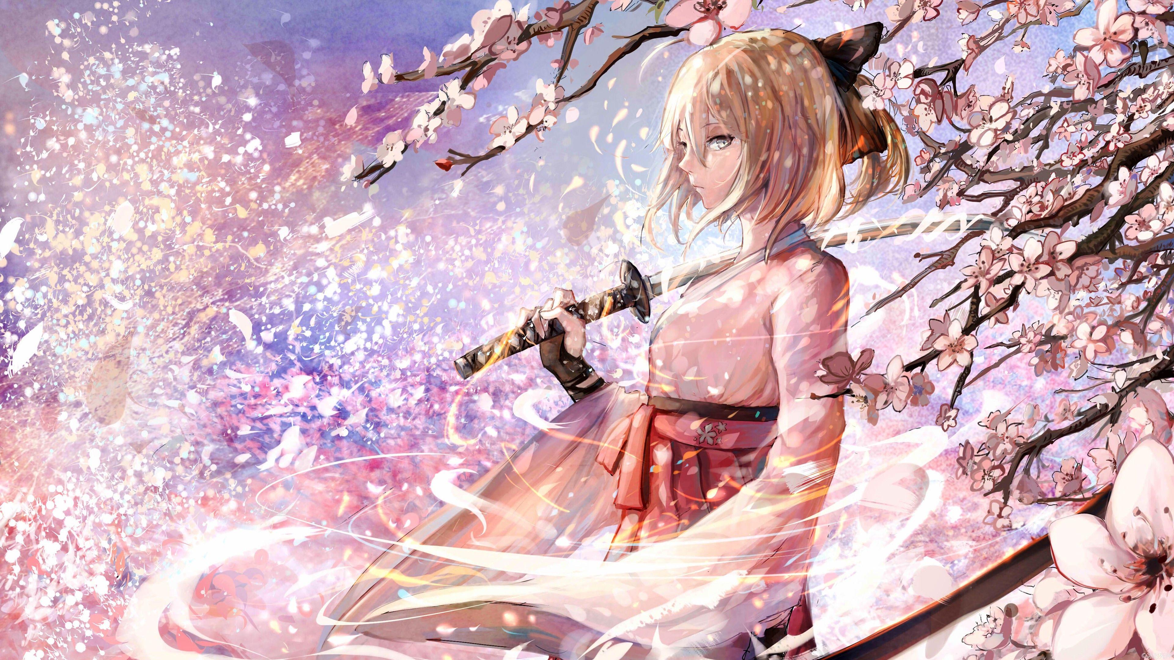 3840x2160 #anime, #miko, #cherry blossom, #FateGrand Order, #katana