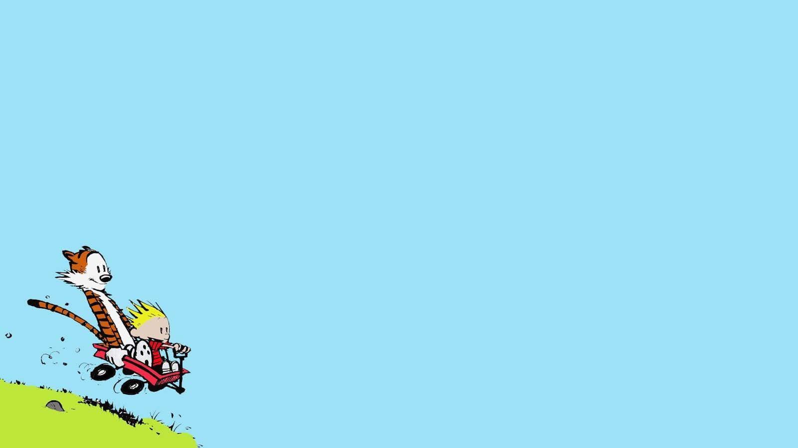1600x900 Tiger and boy riding wagon illustration, artwork, Calvin