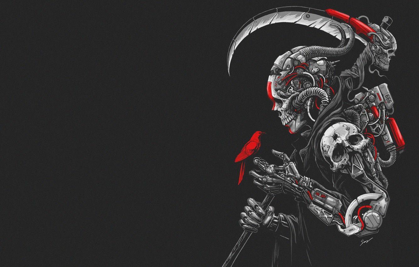 1332x850 Wallpaper Minimalism, Skull, Robot, Bird, Braid, Art, Cyborg, Cyberpunk, Sony Wicaksana, by Sony Wicaksana, DEATH MACHINE image for desktop, section минимализм