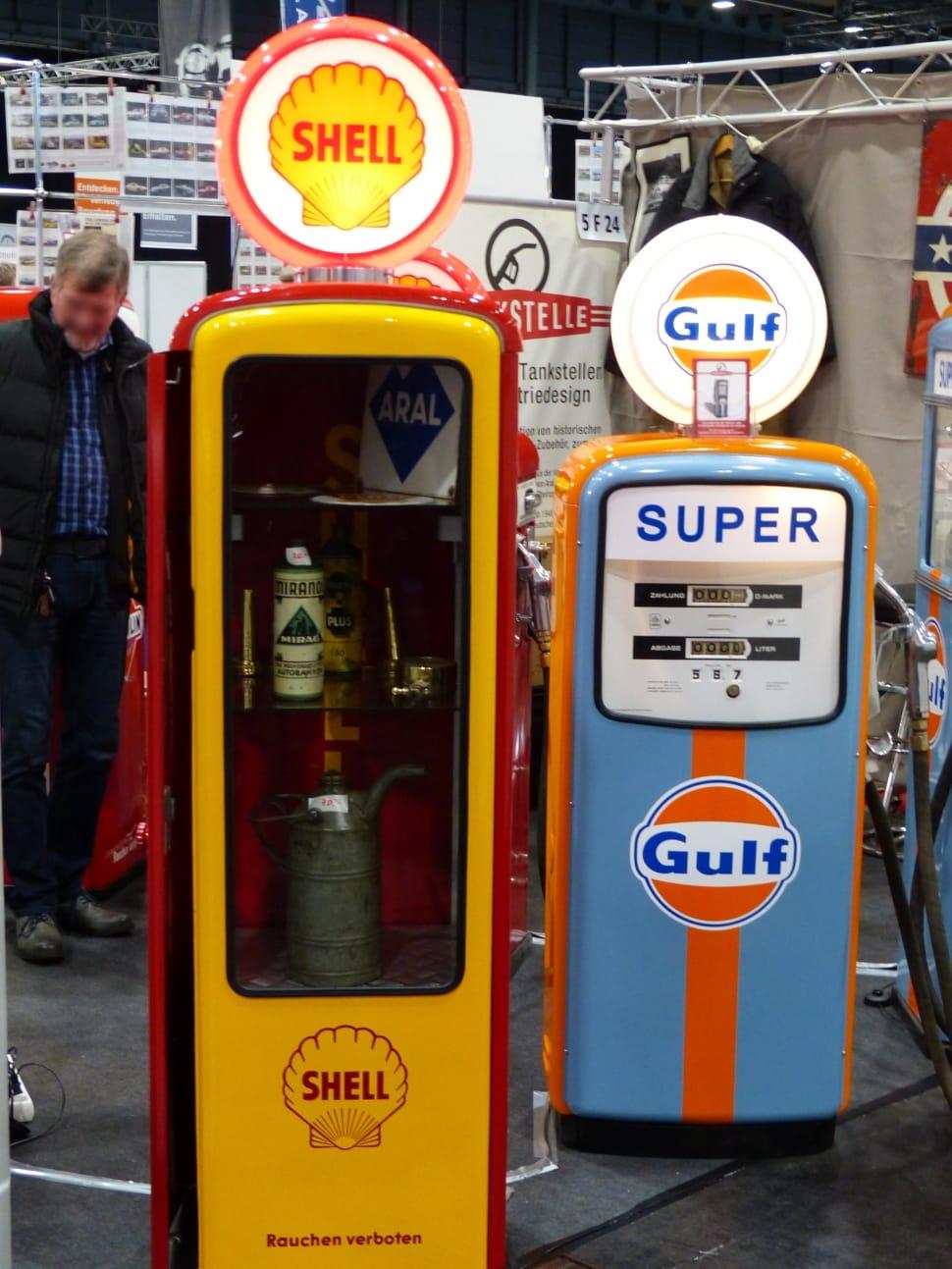 970x1293 shell and gulf vintage gasoline dispenser free image