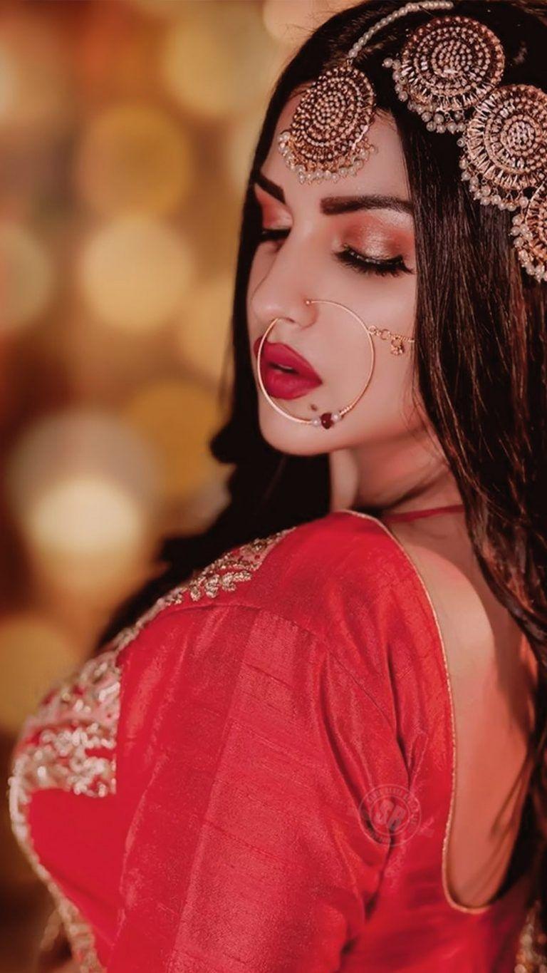 768x1365 Himanshi Khurana In Red Dress. Pakistani bridal makeup, Pakistani