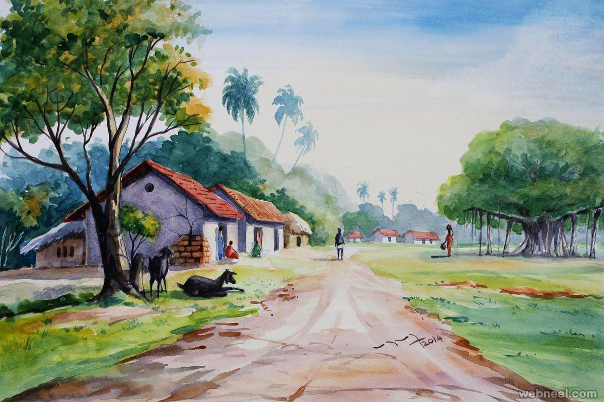 1200x799 Bức tranh màu nước làng Ấn Độ