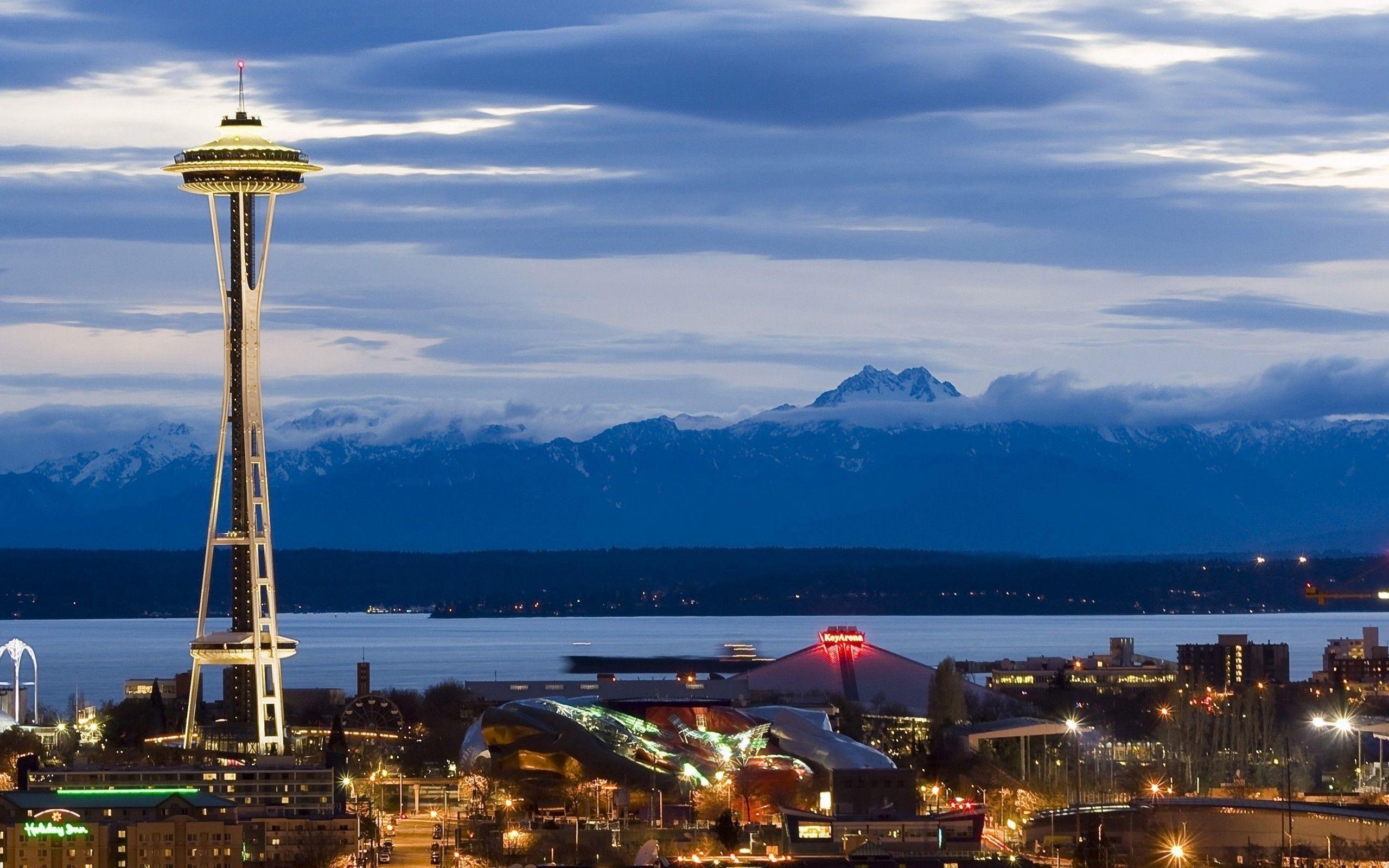 2560x1600 Seattle city lights cityscapes skyline mountains wallpaper