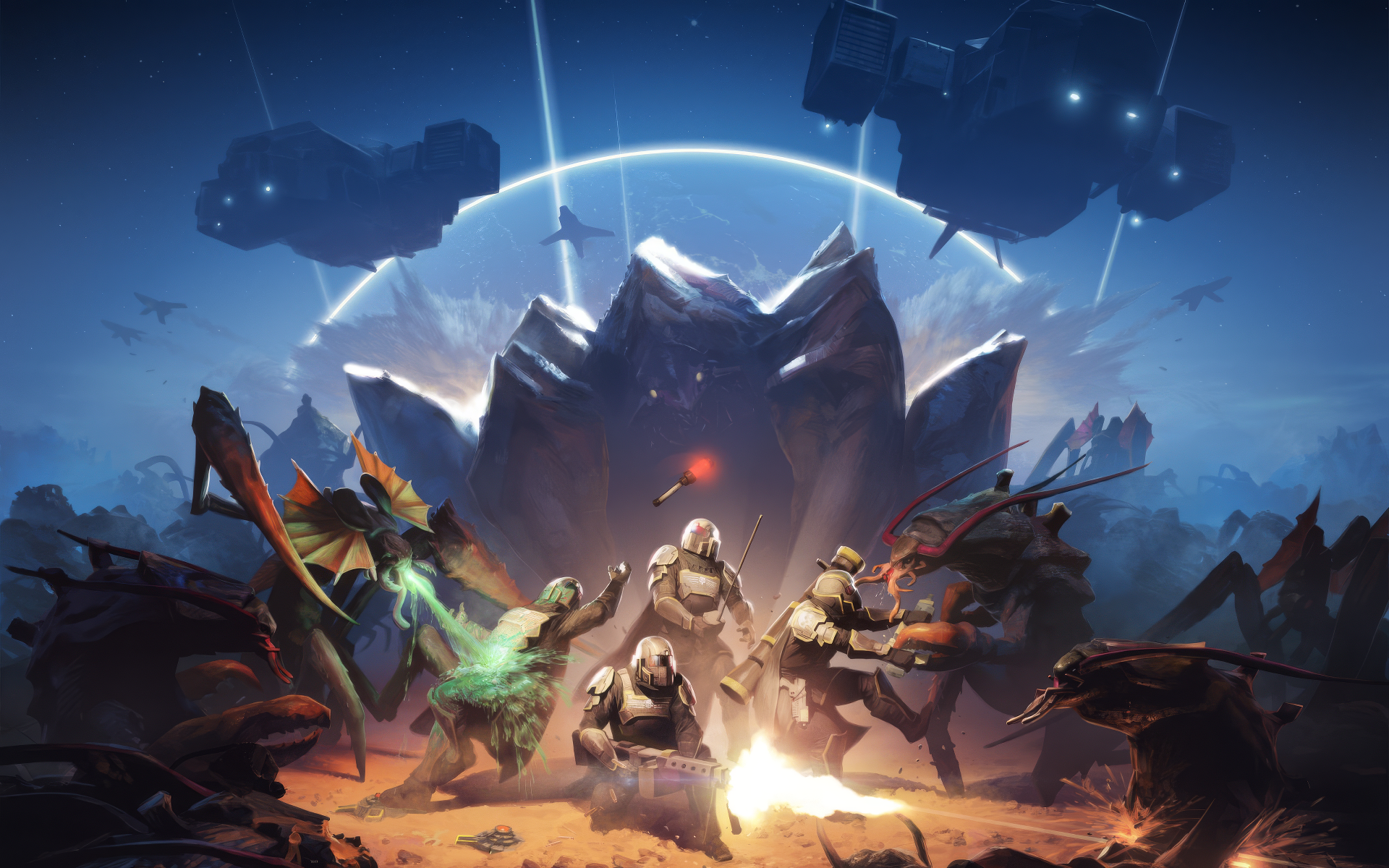 1920x1200 Helldivers 2 Game Art HD Wallpaper. Intense Sci Fi Battle Scene