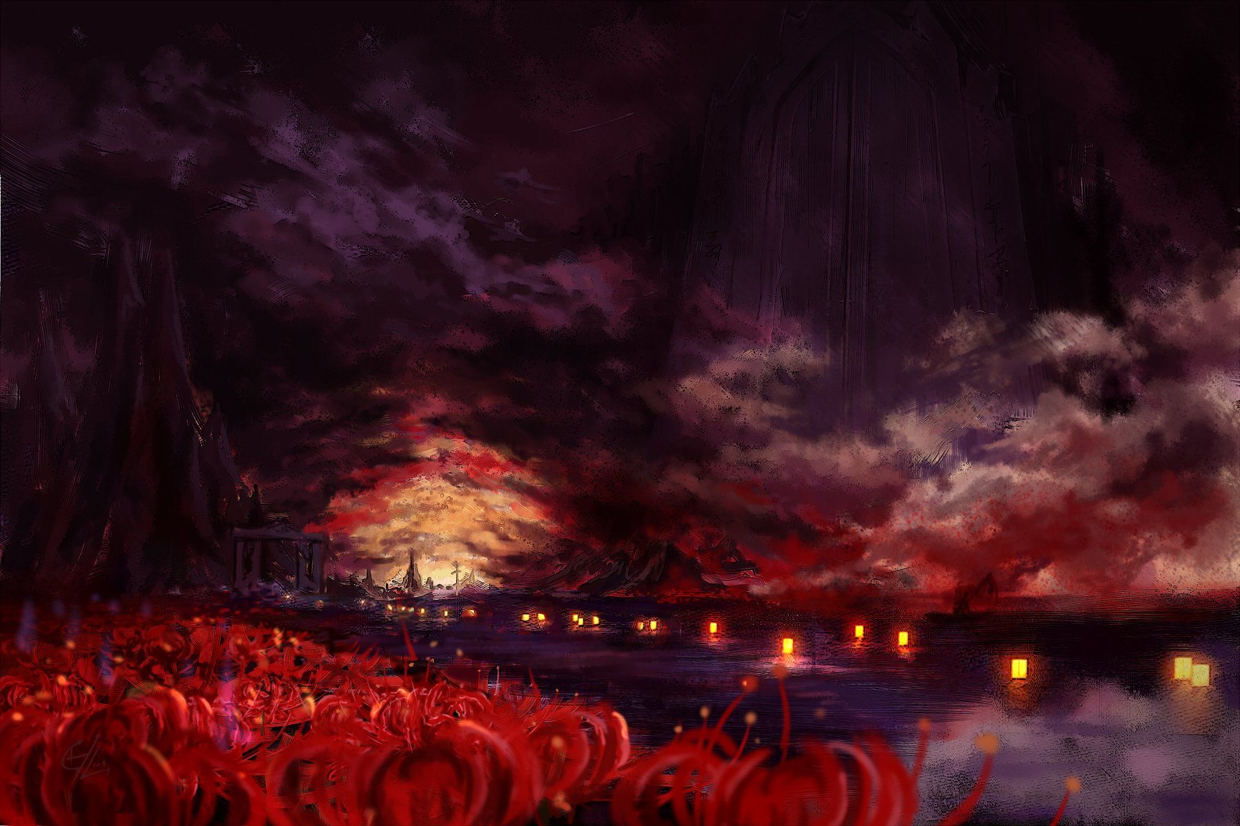 1800x1200 Touhou Anime HD Wallpaper: Enchanted Crimson Nightscape by C.Z