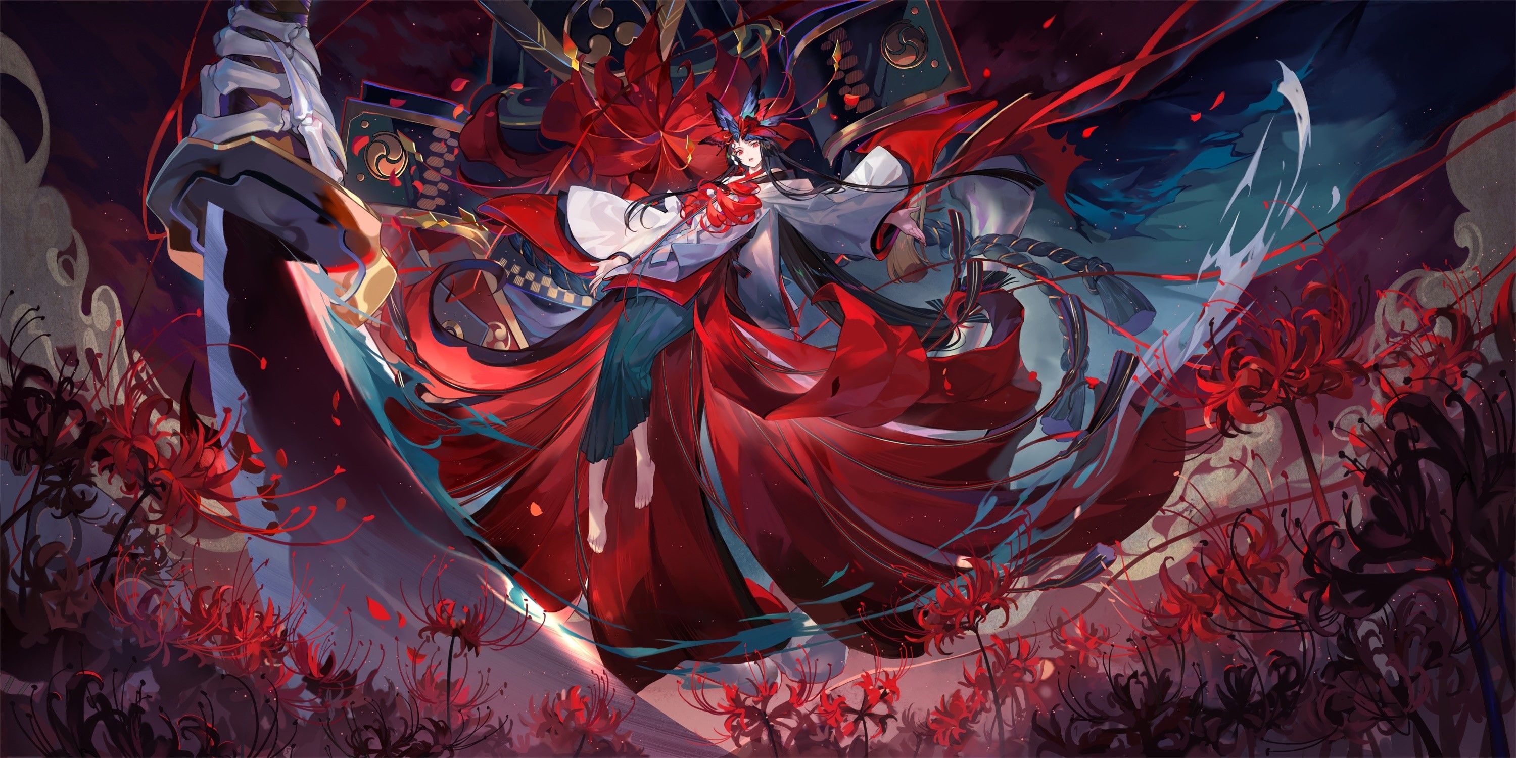 3000x1500 Criin, spider lilies, katana, anime, kimono, anime girls, Japanese clothes, Onmyouji, HD Wallpaper