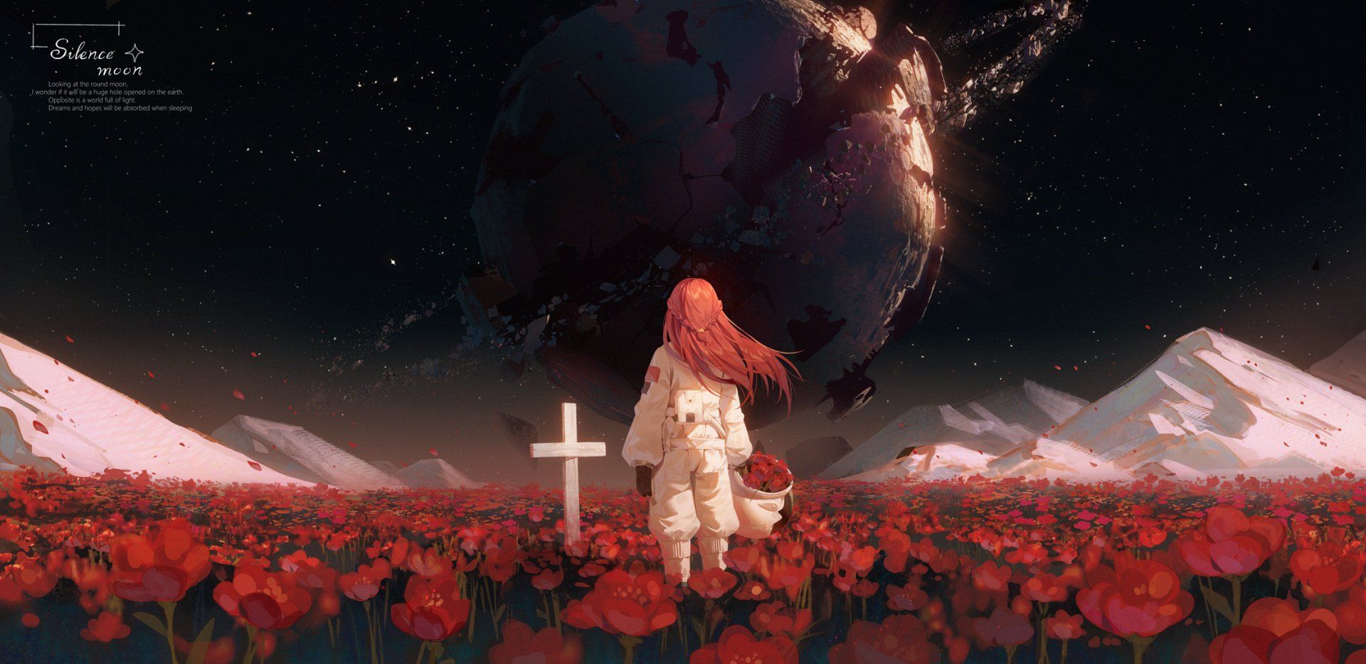 1920x934 Anime Girl In Red Flower Field: HD Sci Fi Elegy