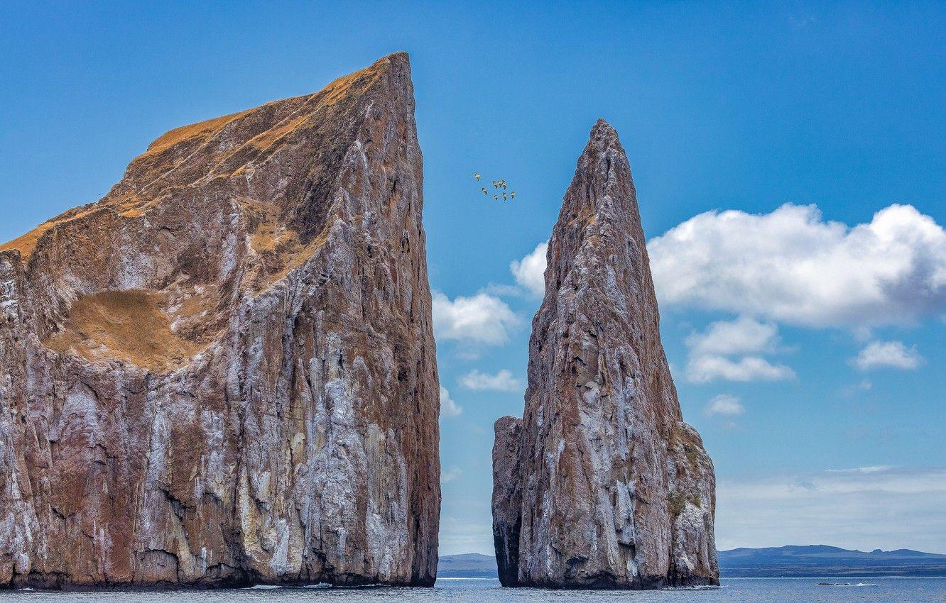 1332x850 Wallpaper sea, clouds, birds, rocks, Ecuador, Galapagos image